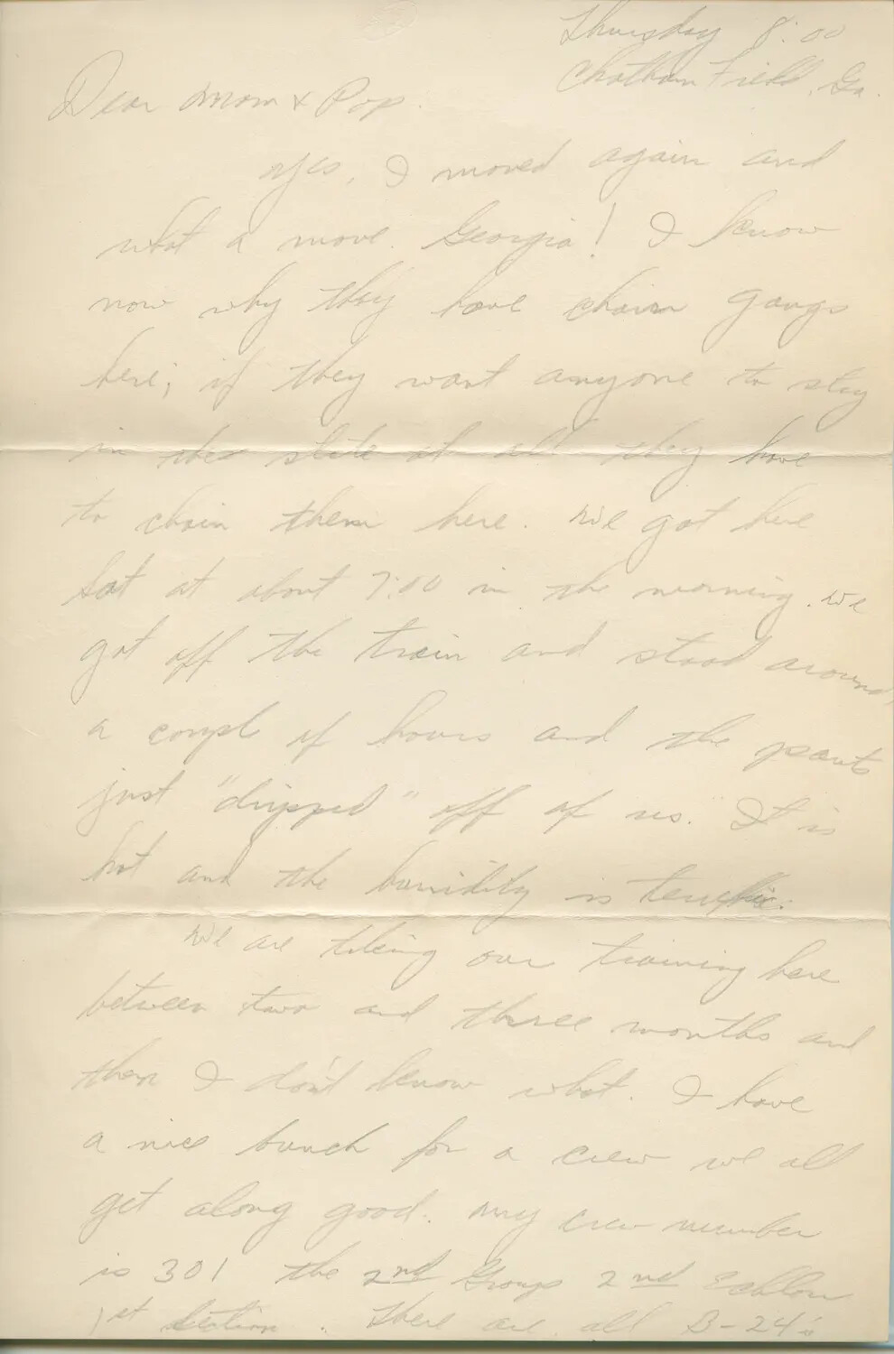 Handwritten Letter Home from Chatham Field, Georgia -- B-24 Aircrew Trainee, 1944
