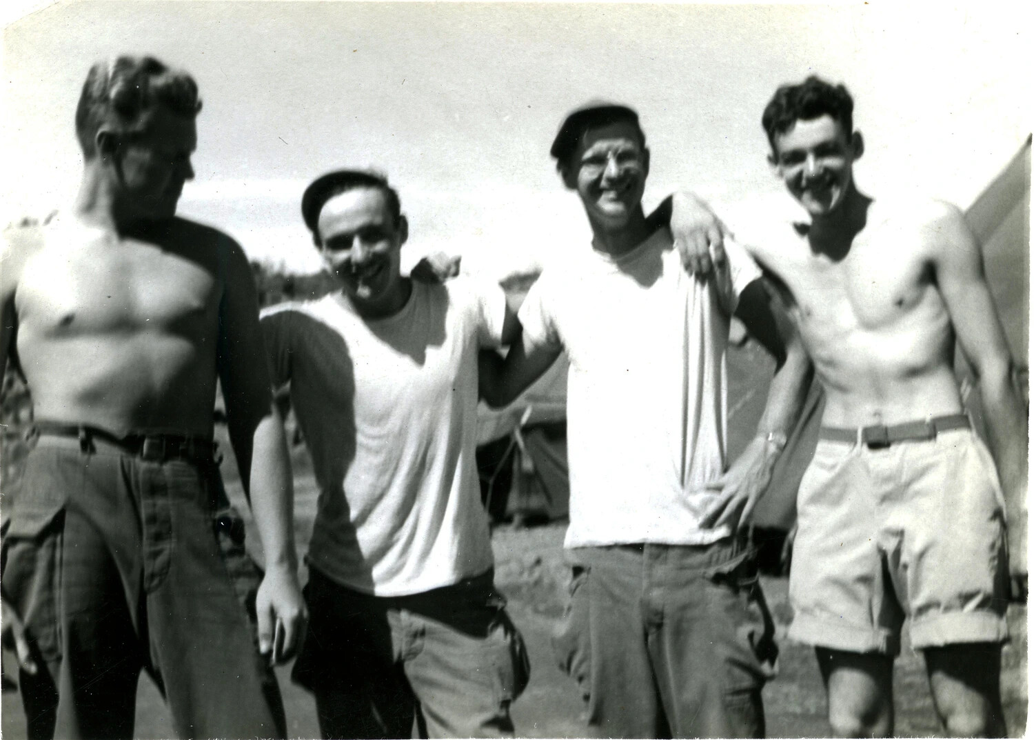 Four U.S. Marines Posing Together at Camp, WWII (5th Marine Division)