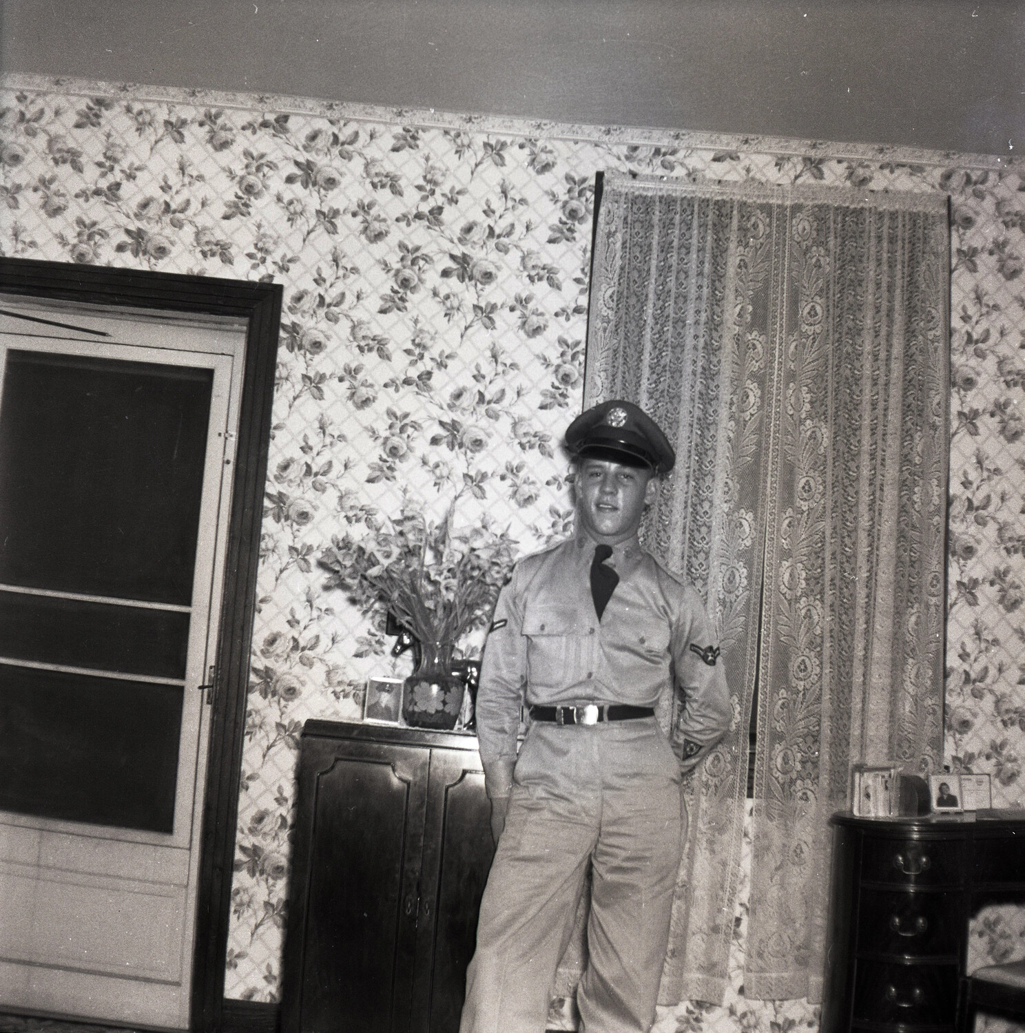 Portrait of a Young U.S. Air Force Airman in Service Uniform, Home Interior, Mid-20th Century