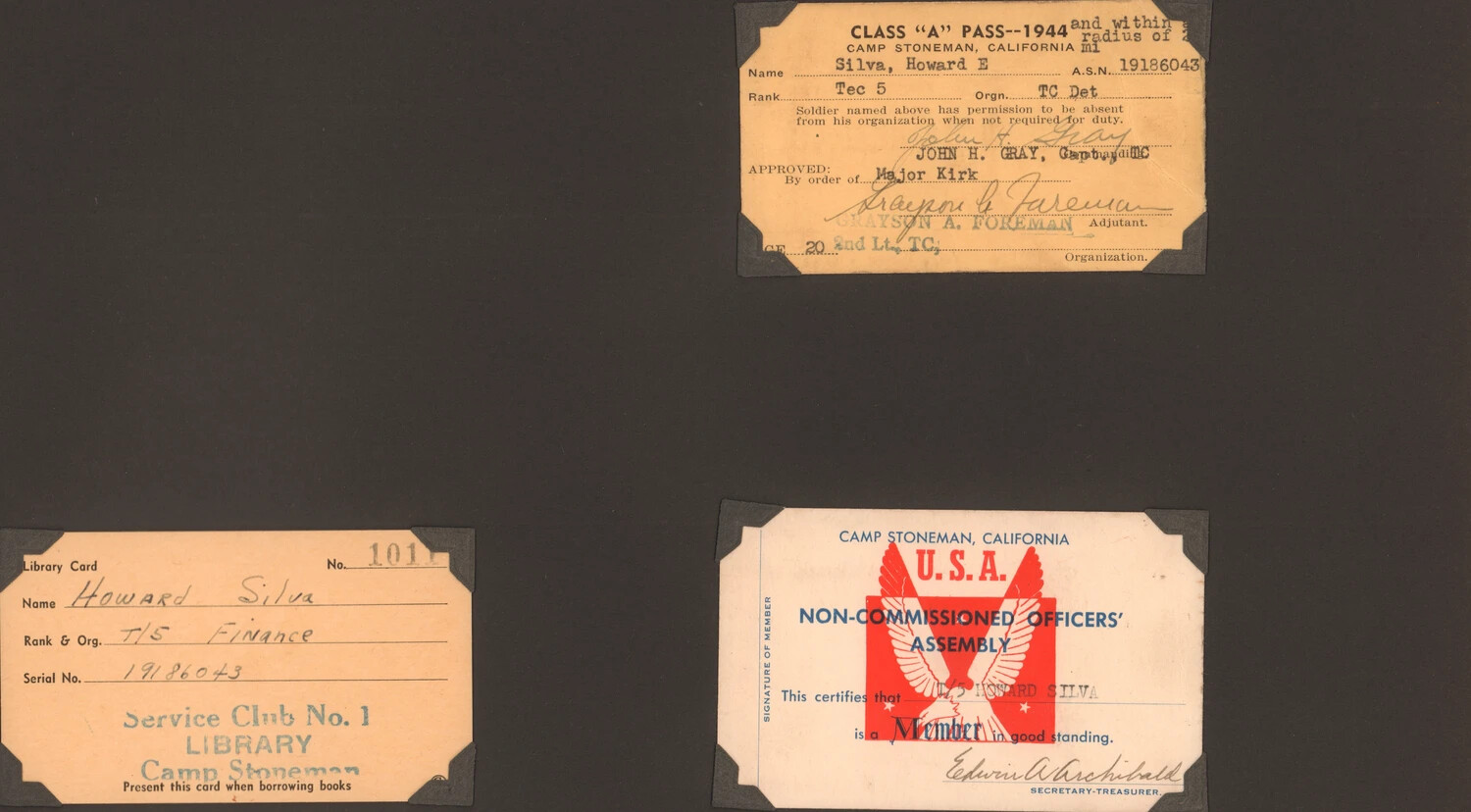 WWII Identification Cards of Howard E. Silva, Camp Stoneman, California, 1944