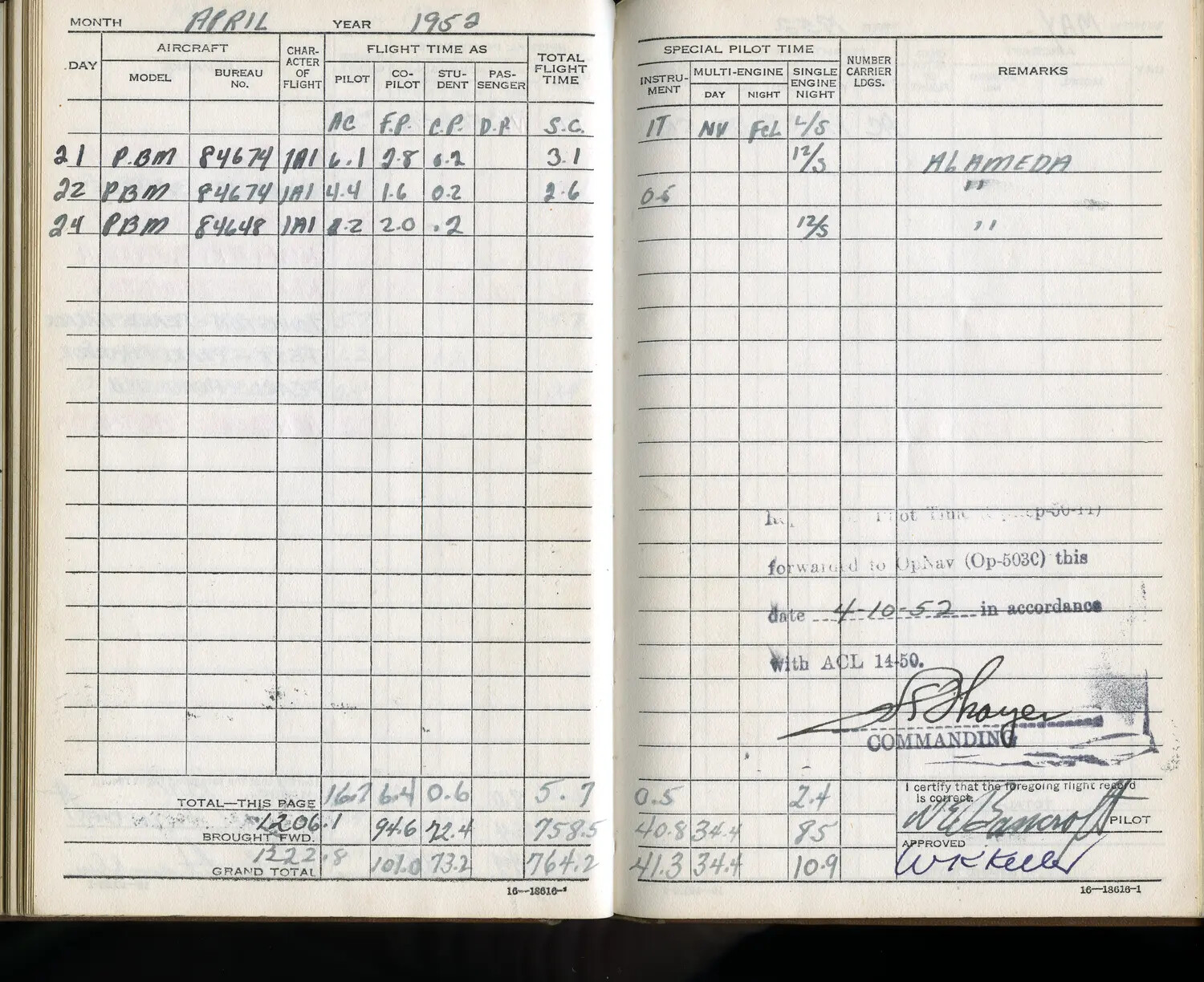 Lt. Bancroft's U.S. Navy Pilot Logbook, April 1952 - PBM Mariner Flight Records