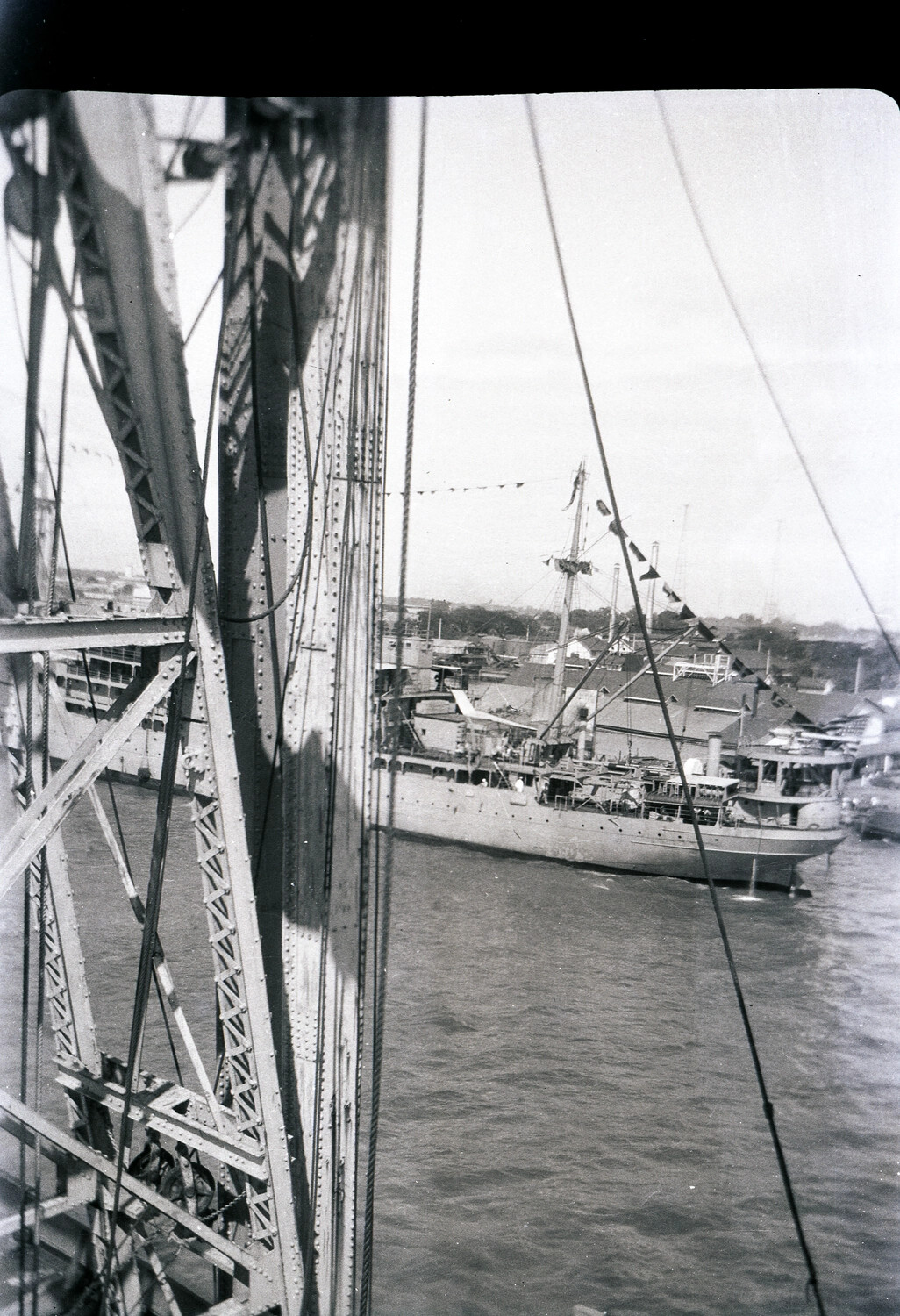 U.S. Navy Vessel Rigging and Moored Gunboat, Chinese River Port, 1930s