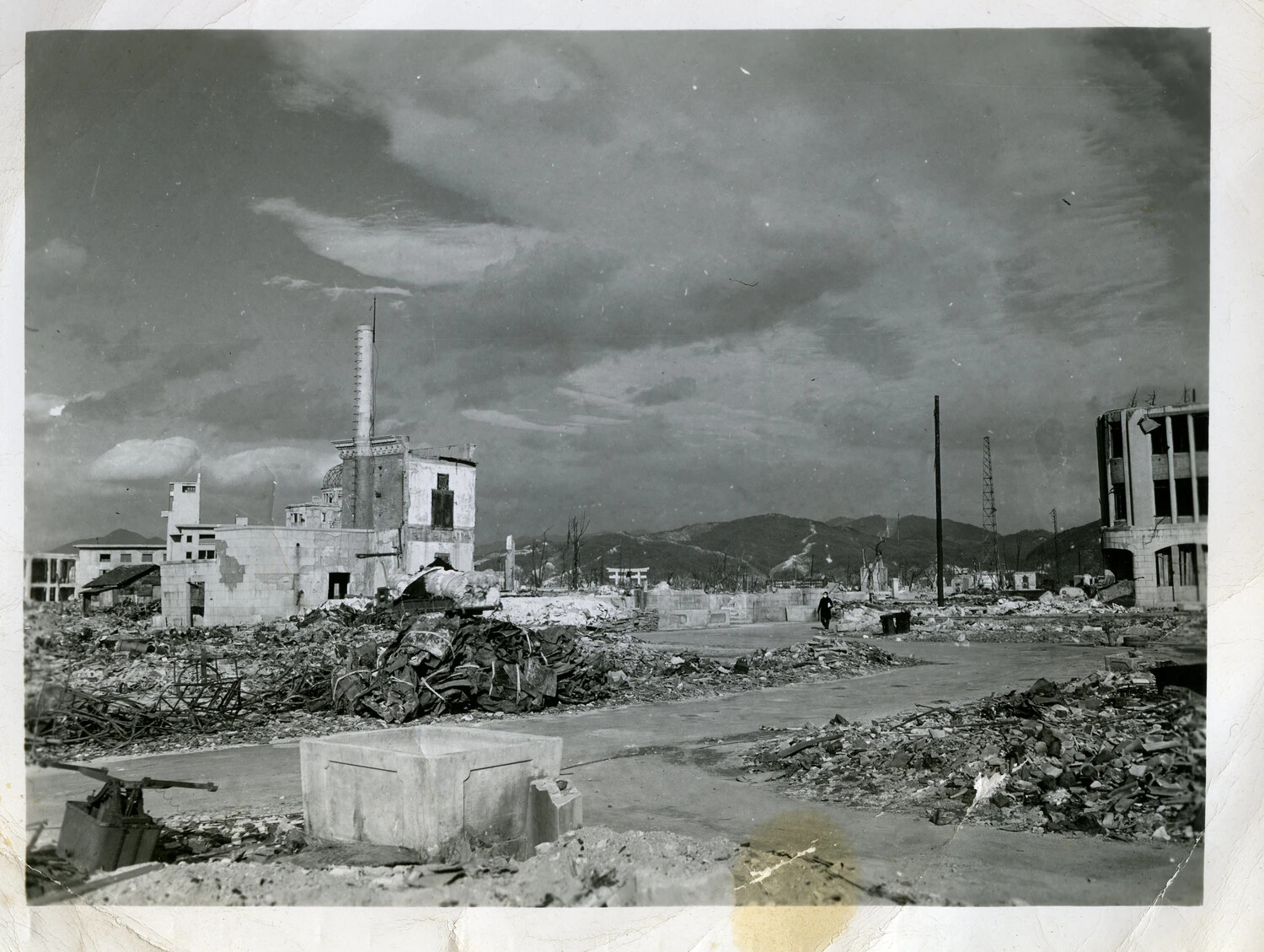 Street View of Ruined District with Torii Gate and Lone Pedestrian, Hiroshima, Japan, Post-Atomic Bombing