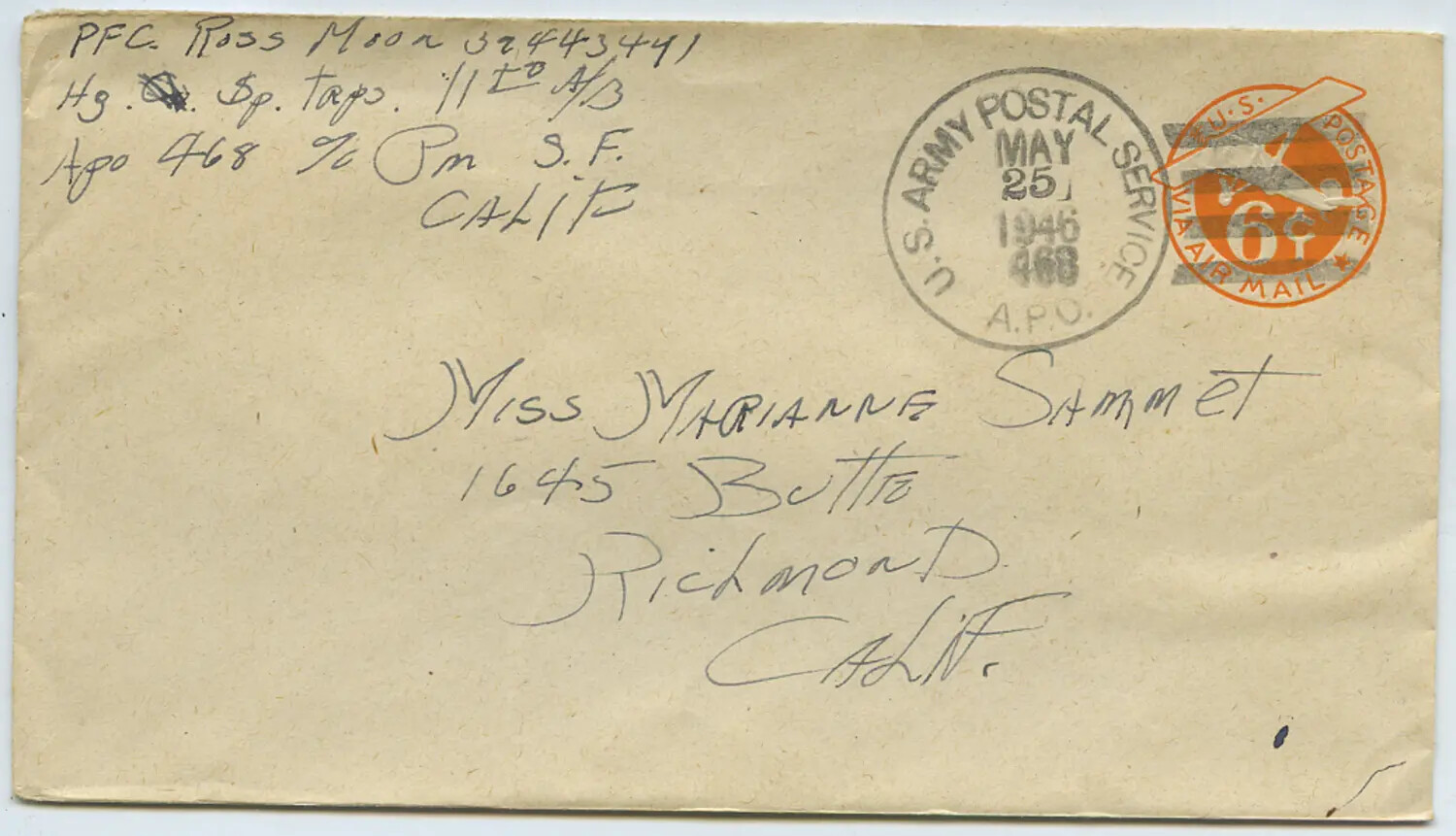Envelope, PFC Ross Moon (11th Airborne Division) to Marianne Sammet, APO 468, May 25 1946