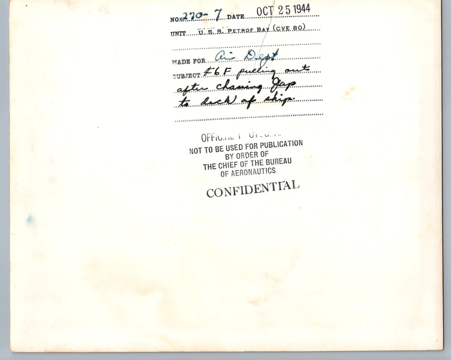 Caption Card, Official U.S. Navy Photograph No. 270-7, F6F Hellcat Pursuing Japanese Aircraft, 25 October 1944