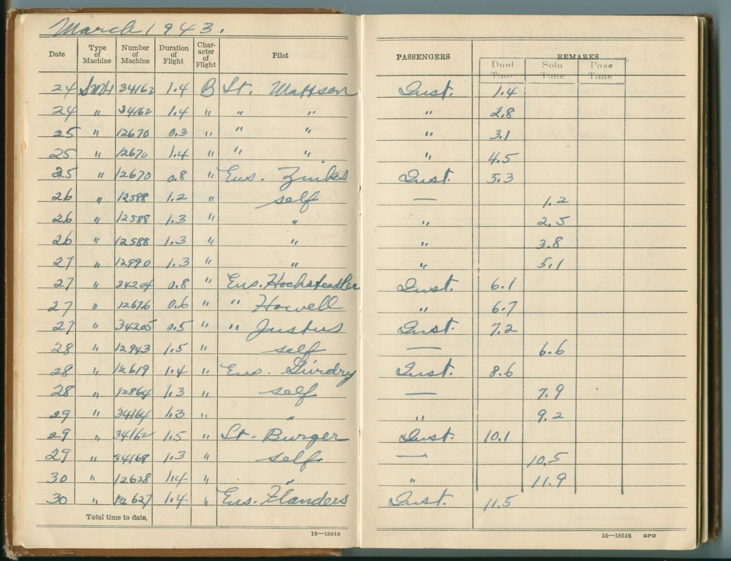 Edward P. McAleer Flight Log Book, March 1943 Training Entries