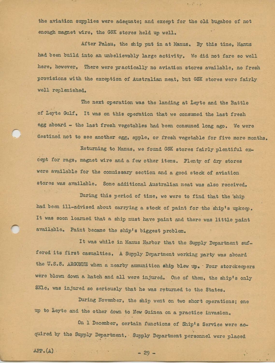 USS Petrof Bay (CVE-80) War History Narrative, Appendix A, Page 29 - Leyte Gulf, Manus Ammunition Ship Explosion, and Supply Casualties