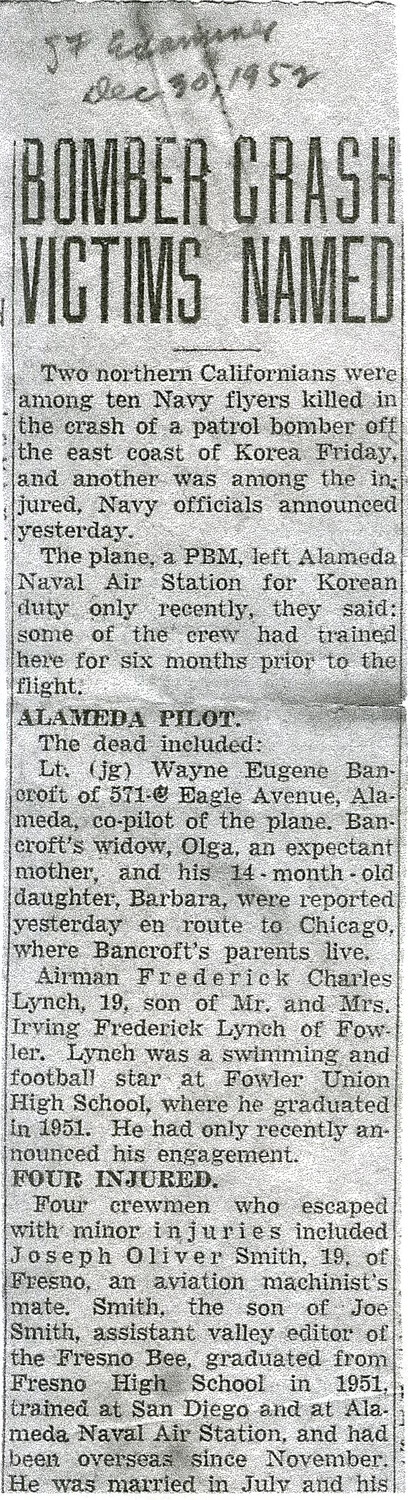 Newspaper Clipping: 'Bomber Crash Victims Named' — Death of Lt. (jg) Wayne Eugene Bancroft, San Francisco Examiner, December 30, 1952