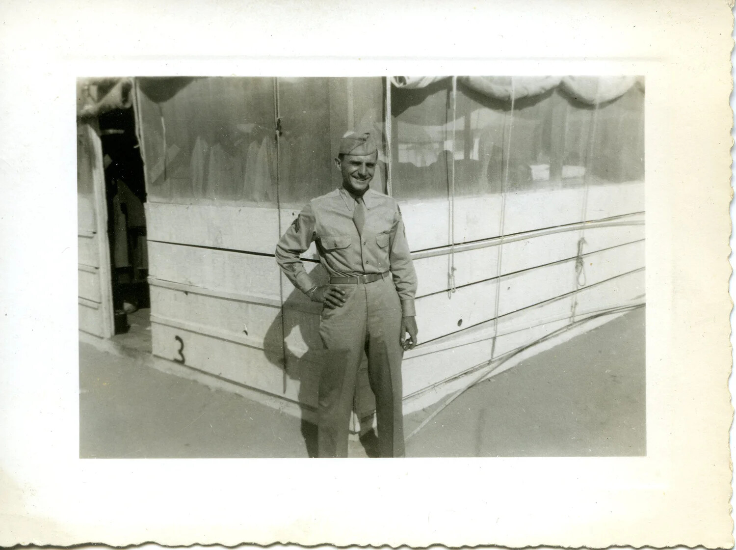 Serviceman in Service Dress Uniform Beside Ship's Bow, WWII Photo Album