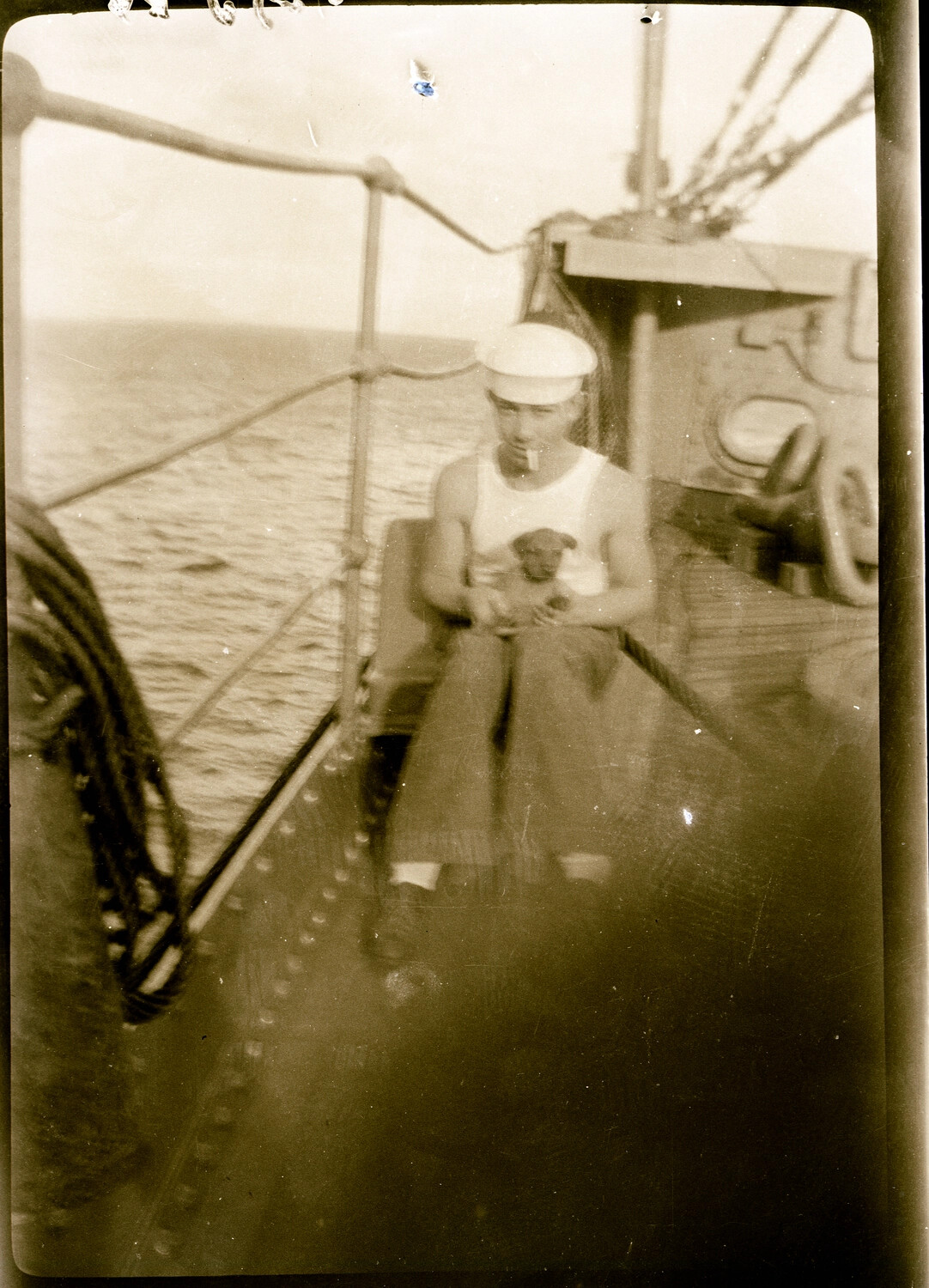U.S. Navy Sailor with Ship's Mascot Puppy Aboard Vessel - Pre-WWII China Station Collection
