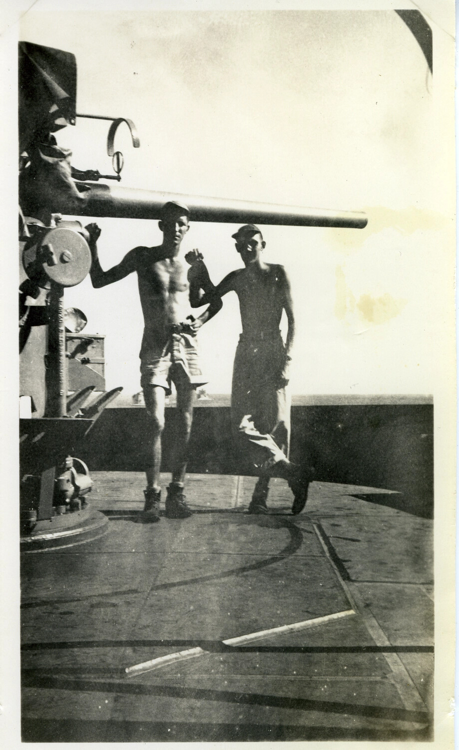 Sailors Posing at Deck Gun Mount Aboard US Navy Vessel, WWII Pacific Theater