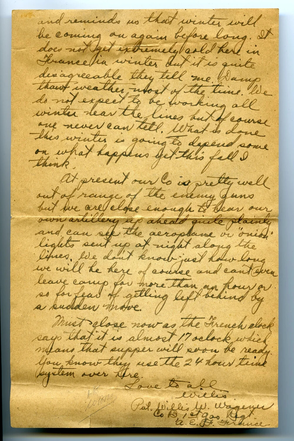 Handwritten WWI Letter from Pvt. Willis W. Wagener, Co. B, 1st Gas Regiment, A.E.F., France
