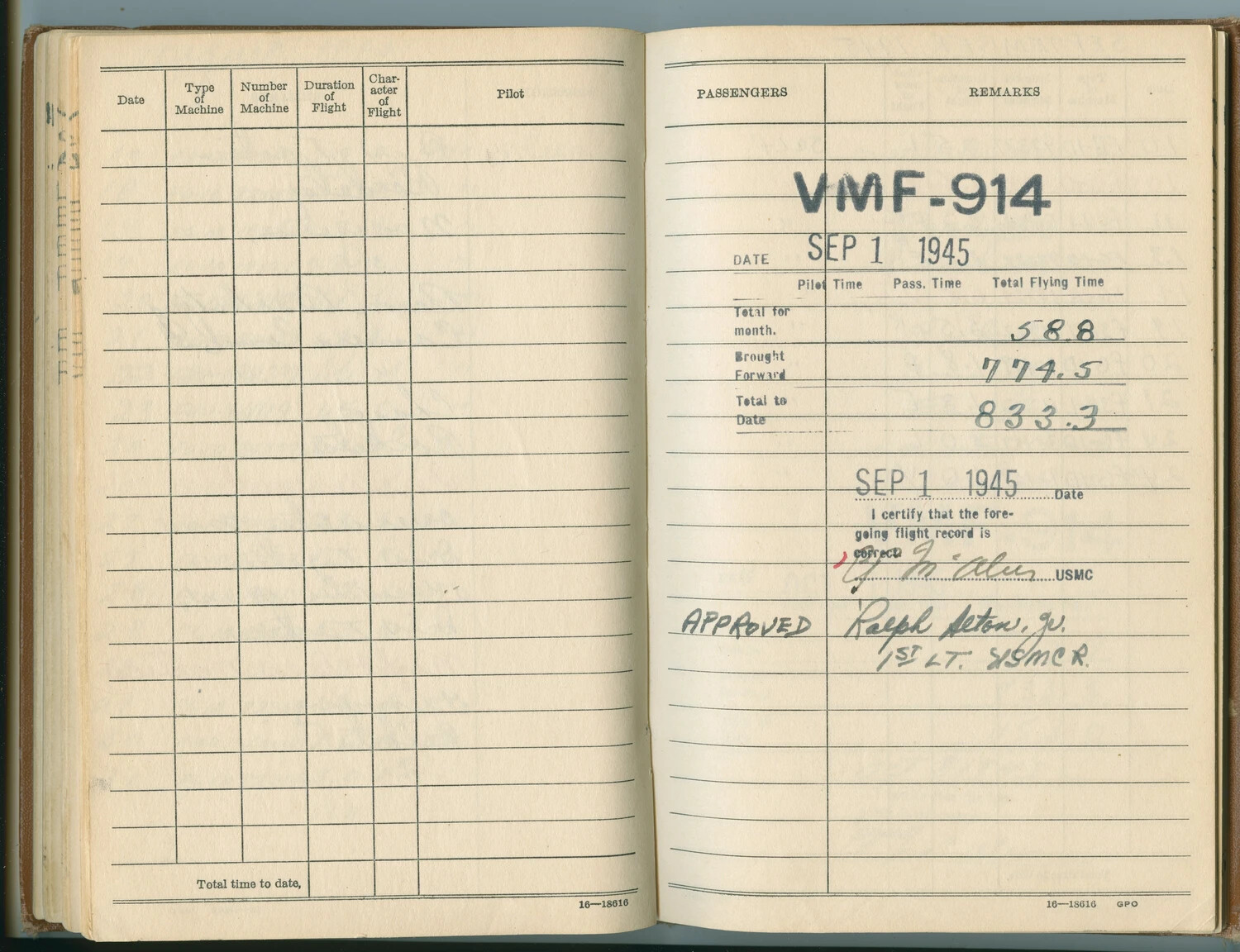 Pat McAleer USMC Pilot Logbook: VMF-914 Monthly Flight Summary, September 1, 1945