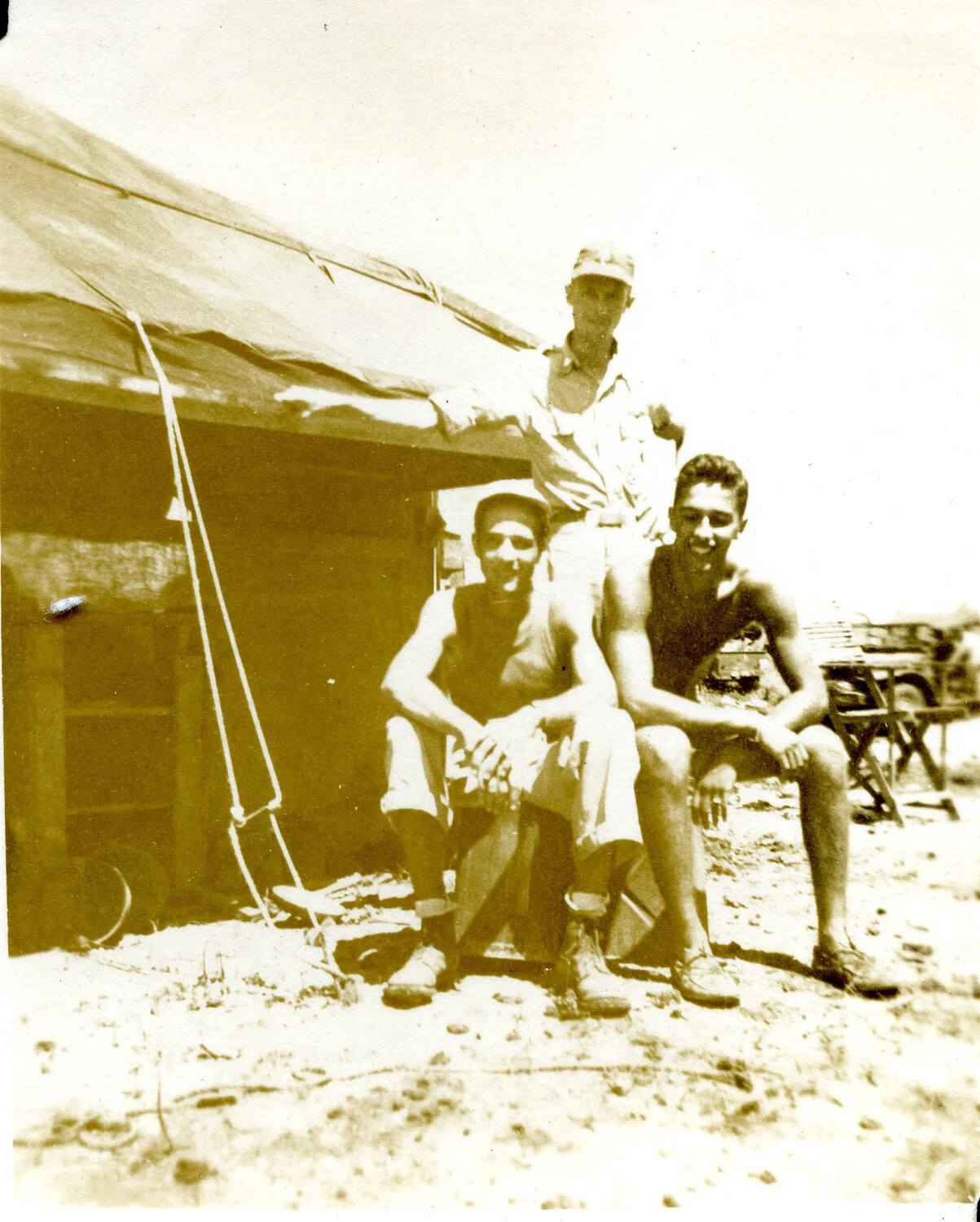 Three Servicemen at Tent Encampment, 345th Bomber Group, Ie Shima, Pacific Theater, WWII
