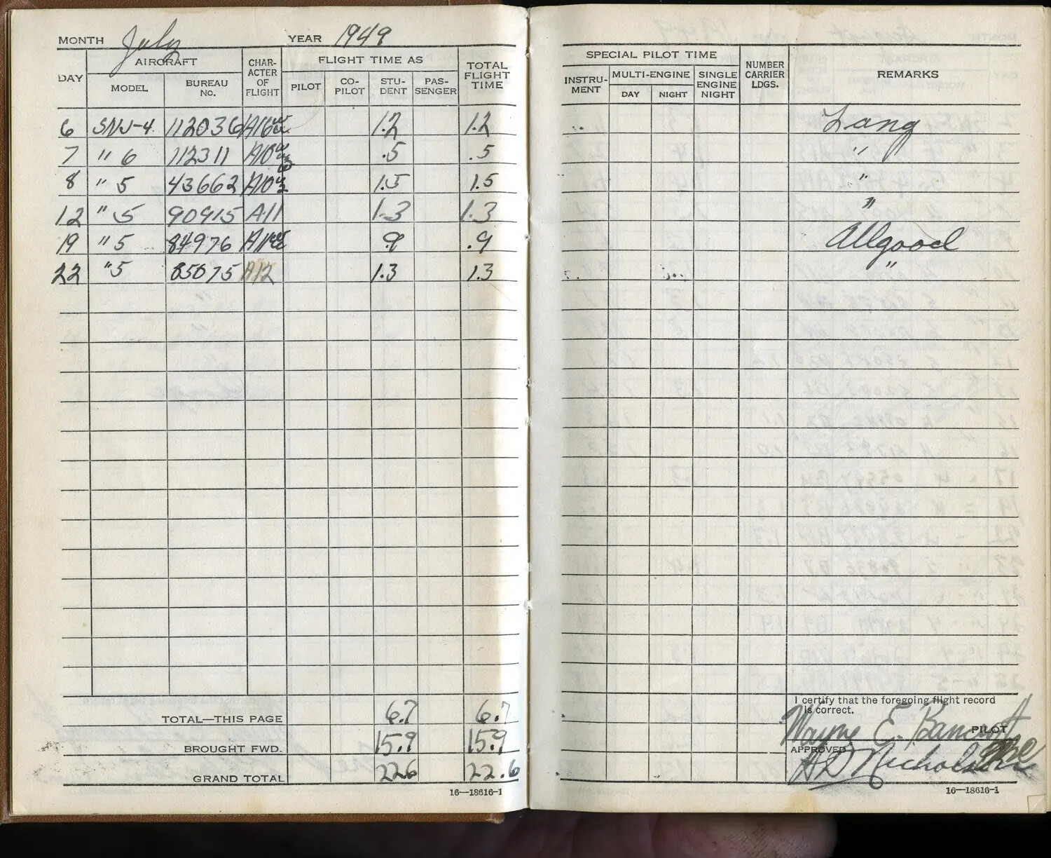 Flight Logbook Page, Lt. Wayne E. Bancroft, July 1949 -- Bancroft Korean War Collection