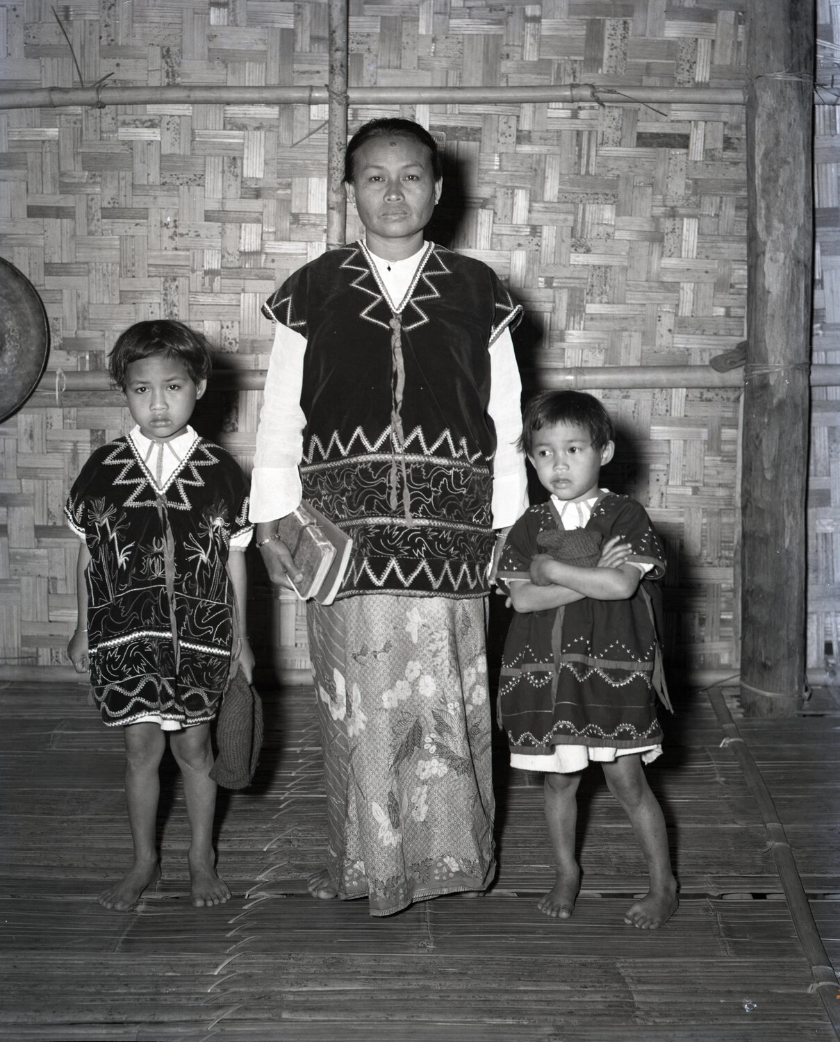 Karen Woman and Two Children in Traditional Dress, Burma Church Community Portrait