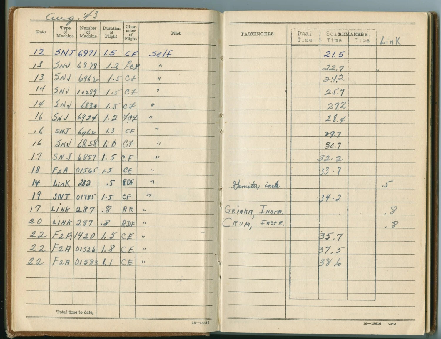 Pat McAleer Naval Aviator Flight Logbook, August 1943 Entries