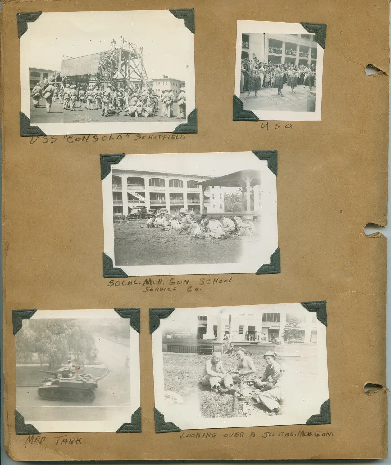 Album Page: Obstacle Course, USO Show, Machine-Gun Training and Light Tank at Schofield Barracks, Hawaii, c. 1941–1943