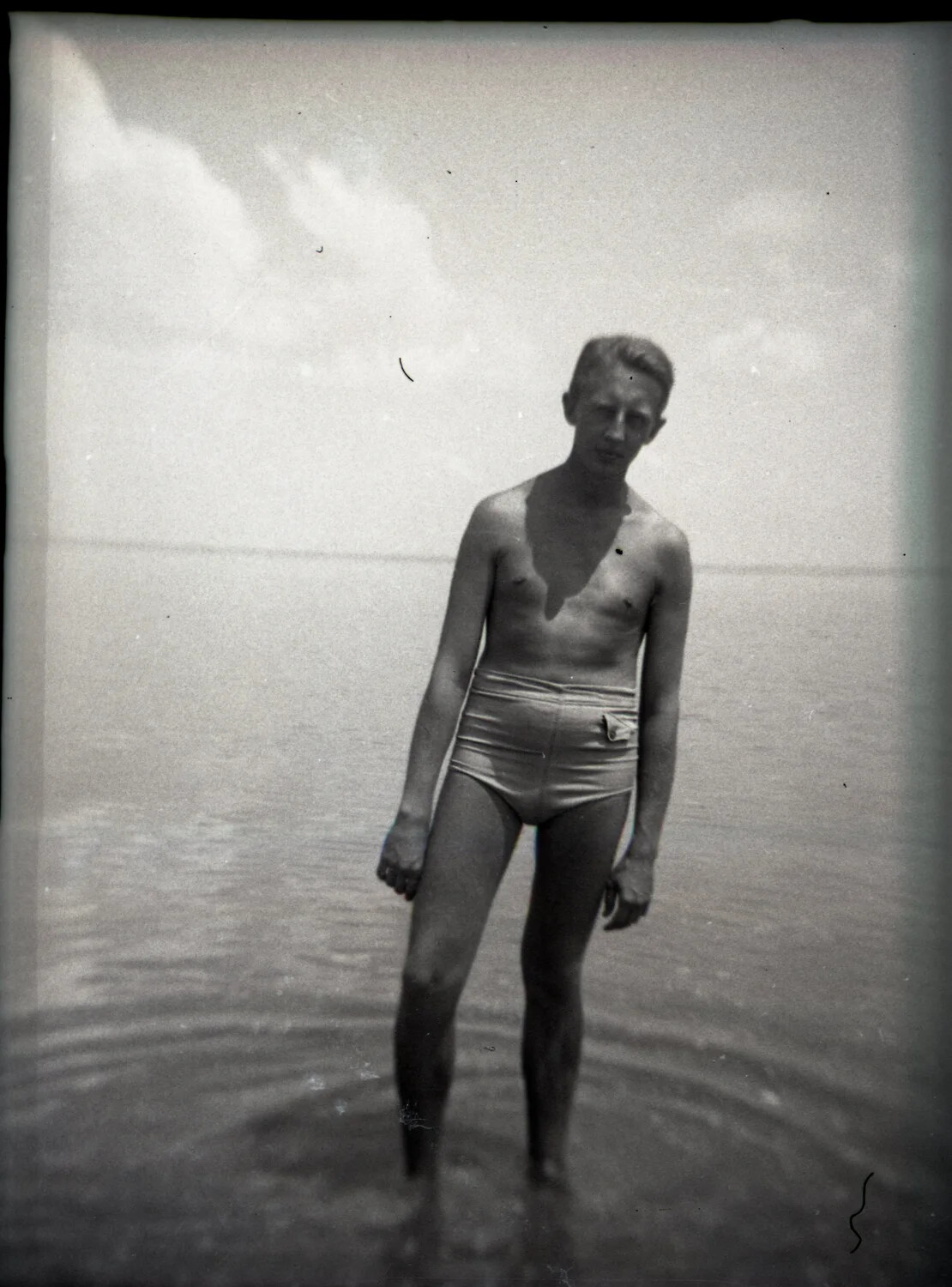 Candid Snapshot of Young Man Wading in Lake Water, Military Band Collection Negative