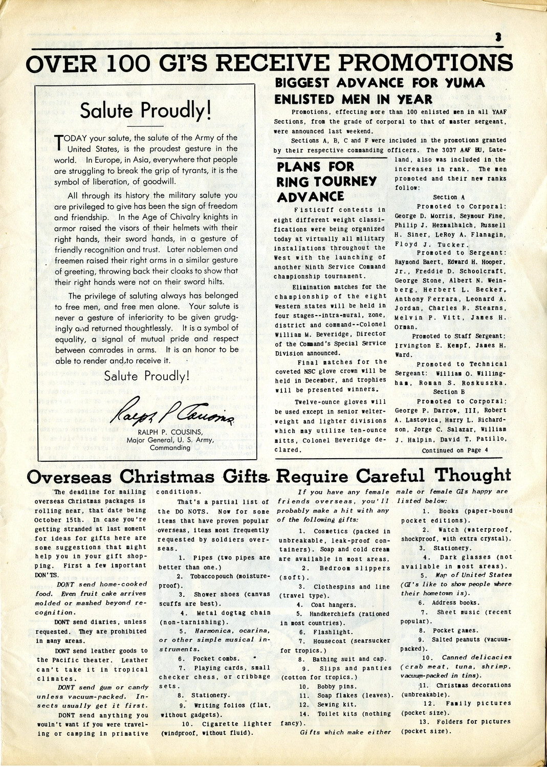 Yuma Army Air Field Base Newspaper 'The Auctioneer,' Page 3, 1944