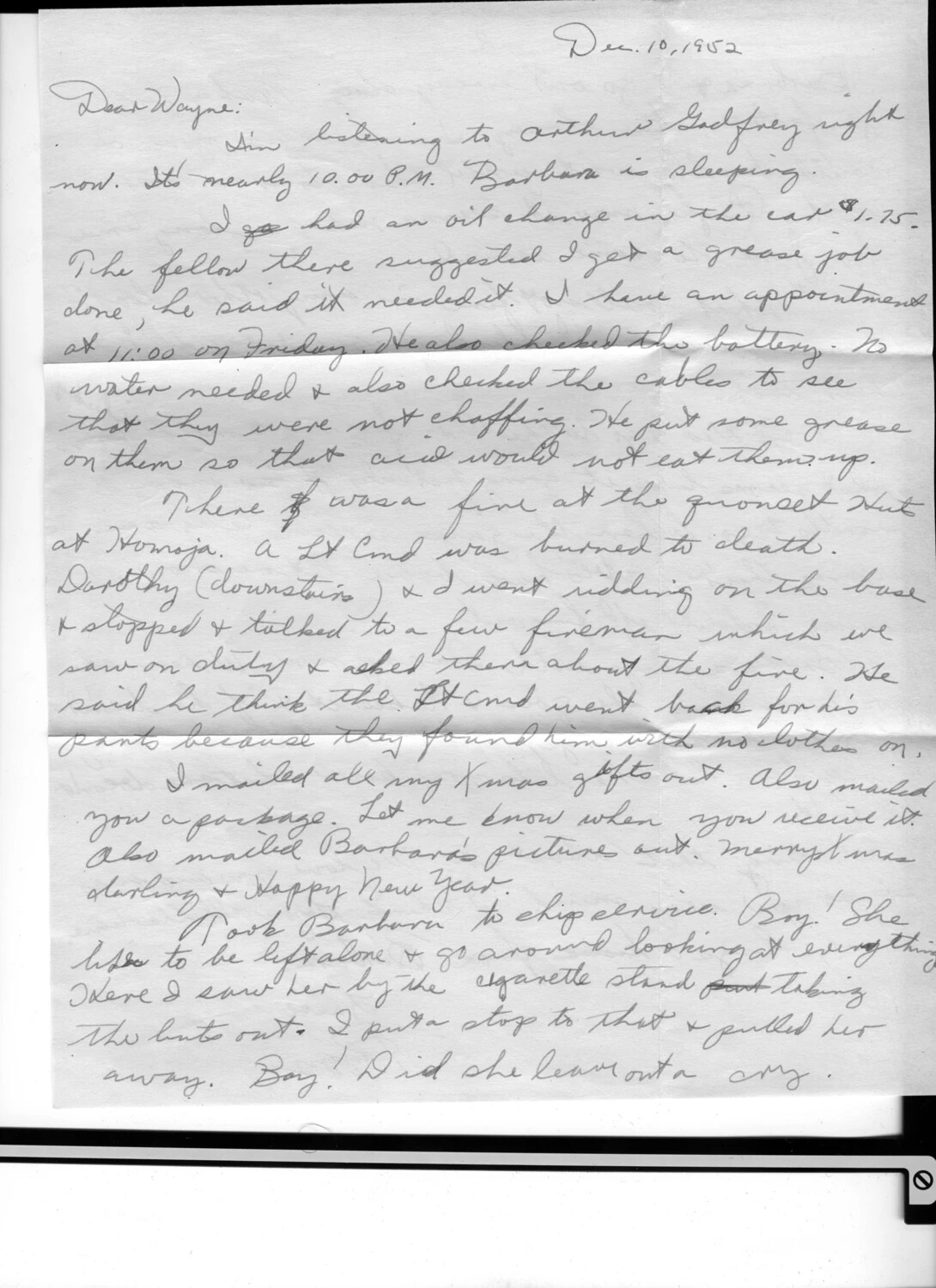 Handwritten Letter, 'Dear Wayne,' December 10, 1952 — Bancroft Korean War Collection