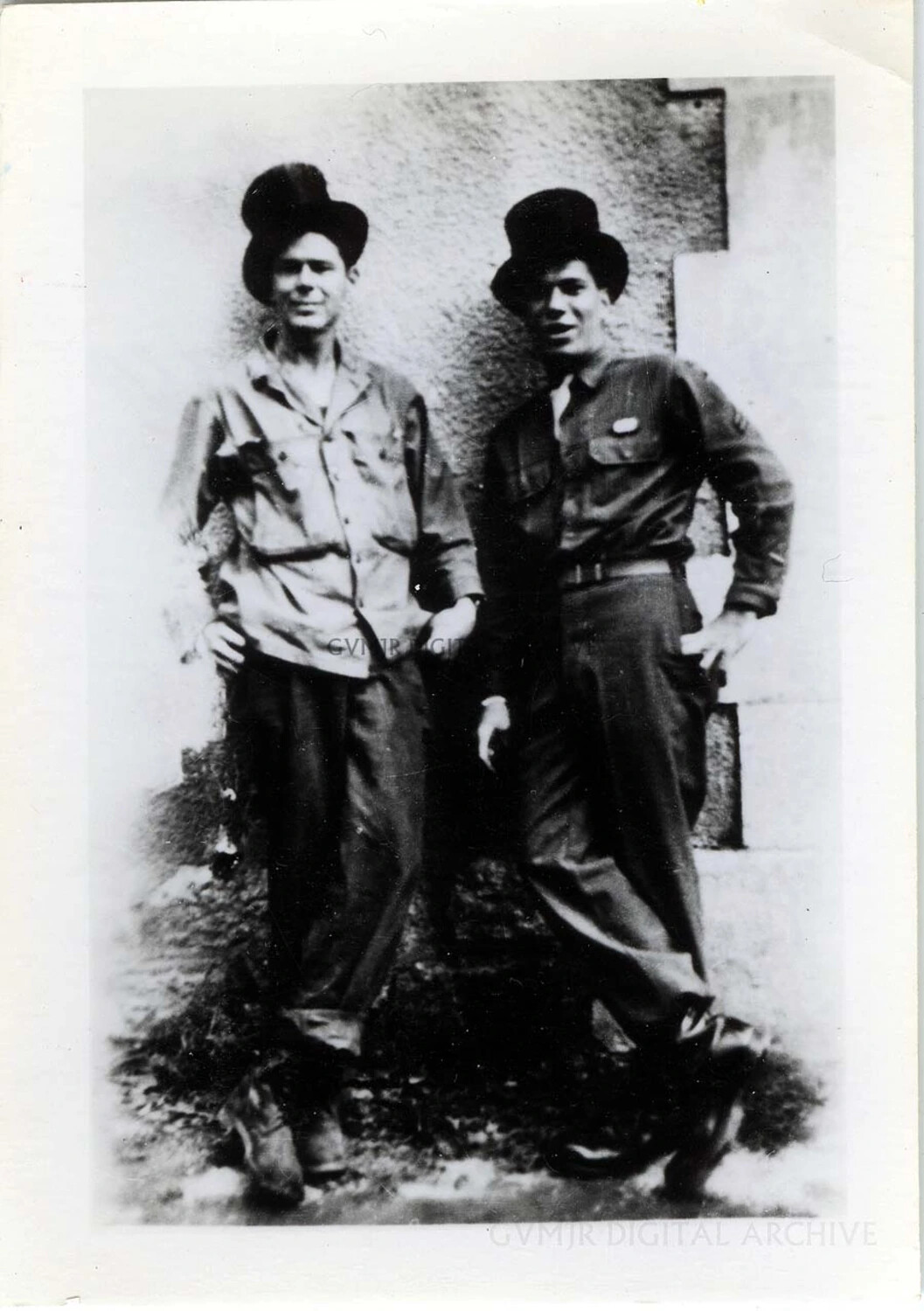 Two 101st Airborne Soldiers Posing in Civilian Bowler Hats, WWII European Theater
