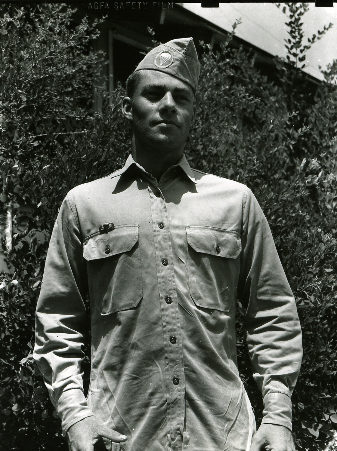 Portrait of a U.S. Army Airborne Trooper in Garrison Cap and Fatigue Shirt, Fort Bragg, North Carolina, WWII Era