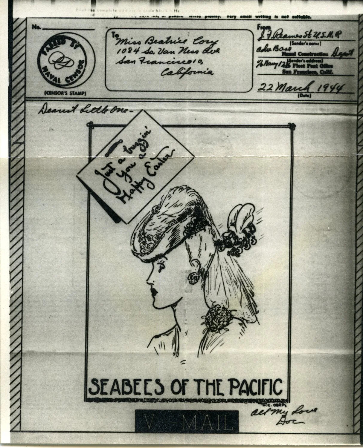V-Mail Easter Greeting — 'Seabees of the Pacific' Series, J.F. Reames Sr. USNR to Beatrice Cory, 22 March 1944