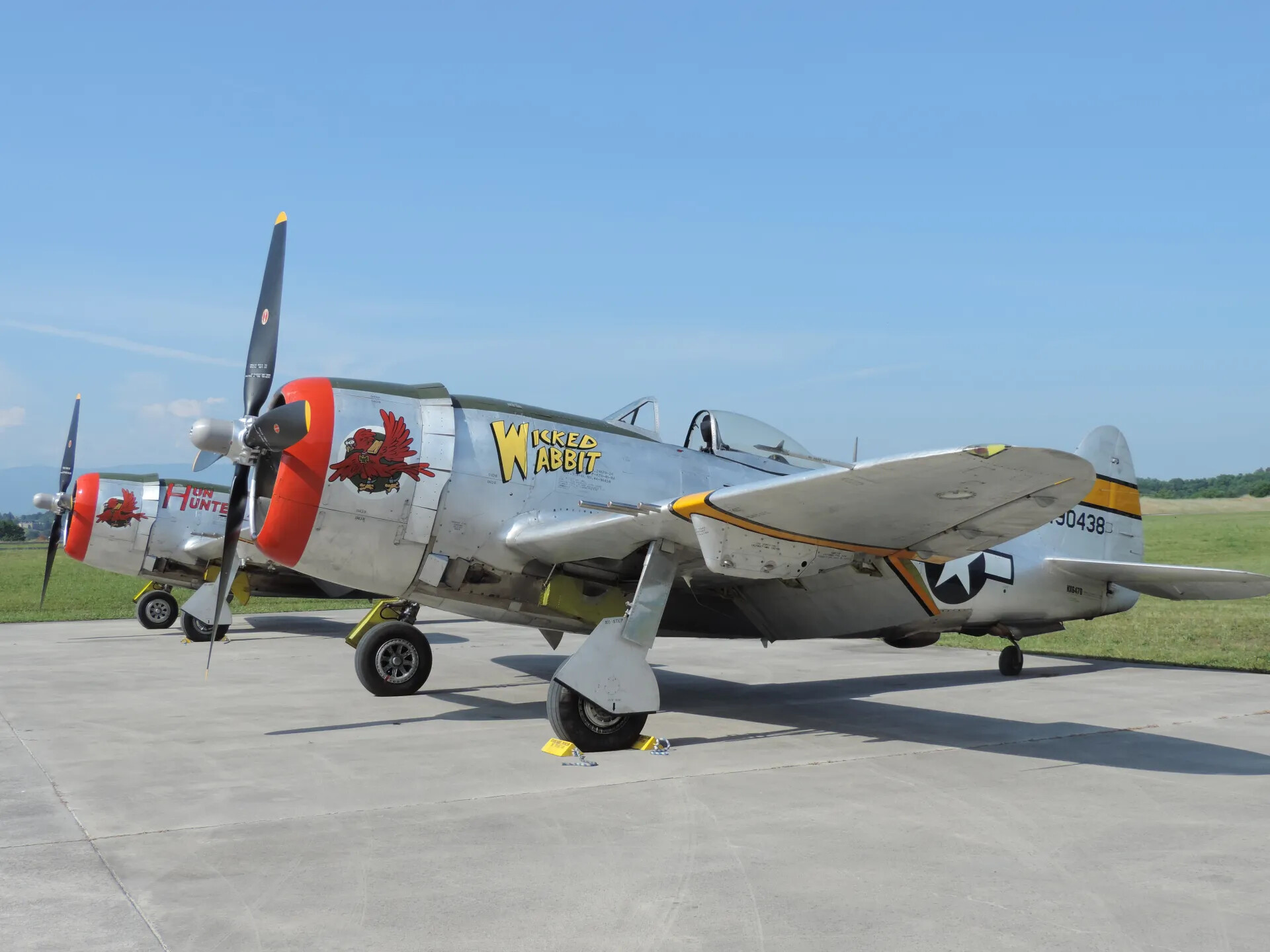 Two P-47 Thunderbolts on Static Display - "Wicked Wabbit" and "Hun Hunter XVI," Full Side Profile