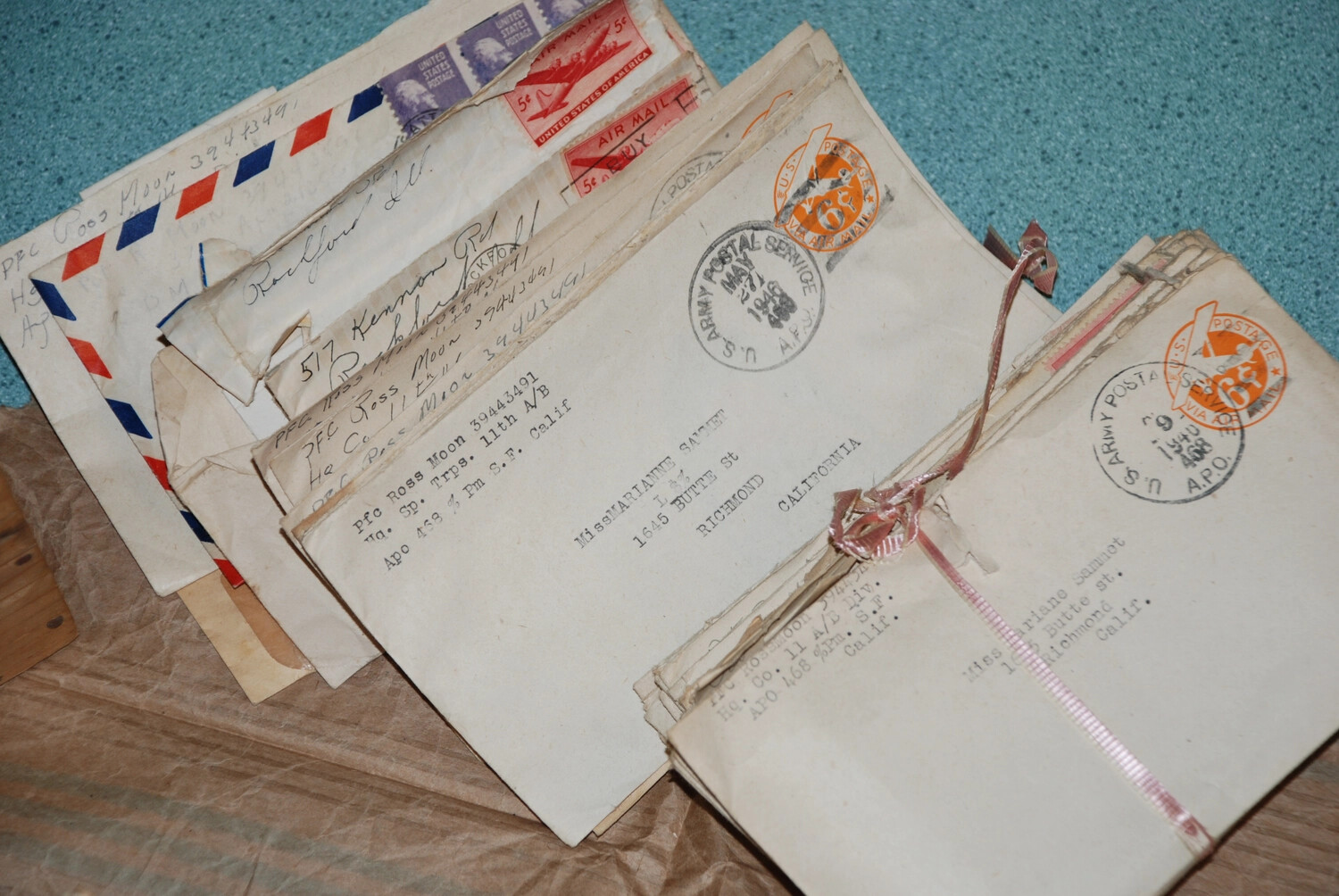 Bundle of WWII V-Mail/Airmail Letters, Pfc. Ross Moon, 11th Airborne Division, to Richmond, California, 1945