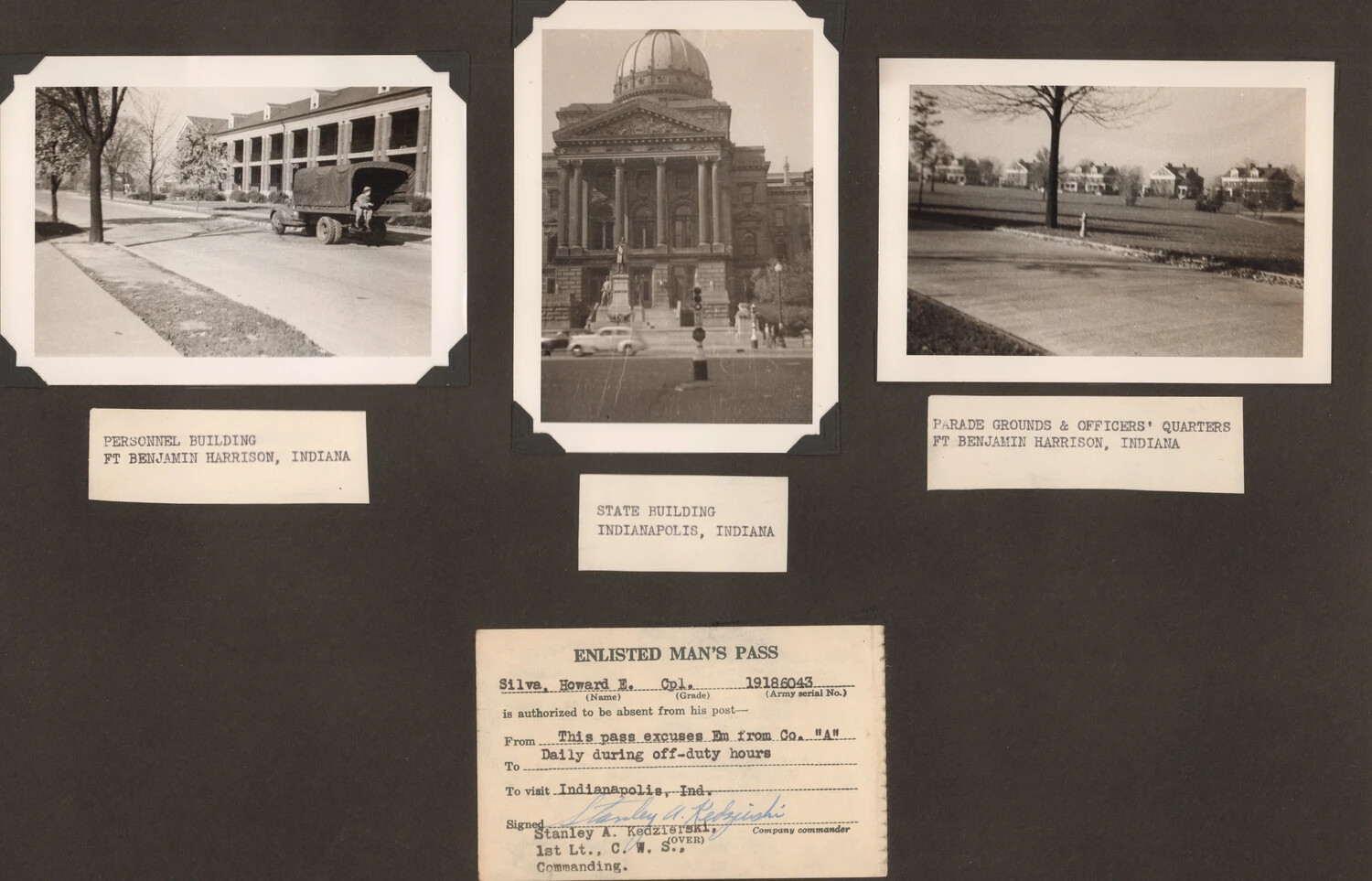 Photo Album Page: Fort Benjamin Harrison Buildings, Indiana State Building, and Enlisted Man's Pass for Cpl. Howard E. Silva, 1944