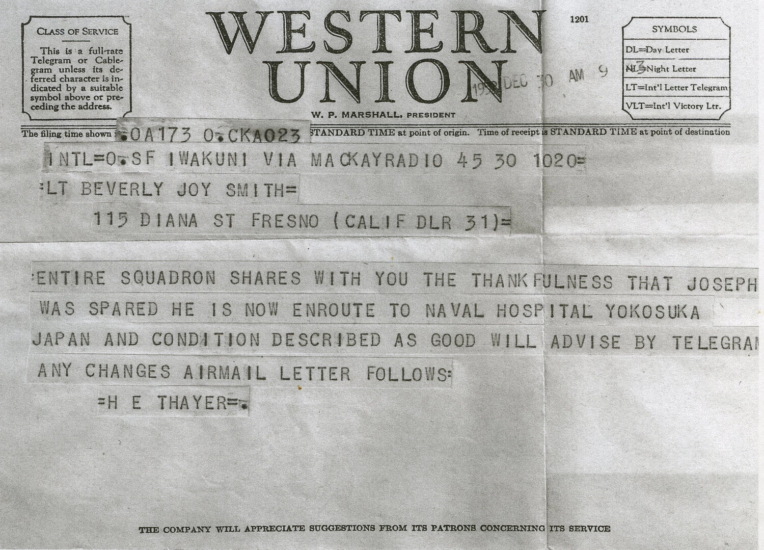 Western Union Telegram to Lt. Beverly Joy Smith Regarding Injured Serviceman Joseph, Korean War Era