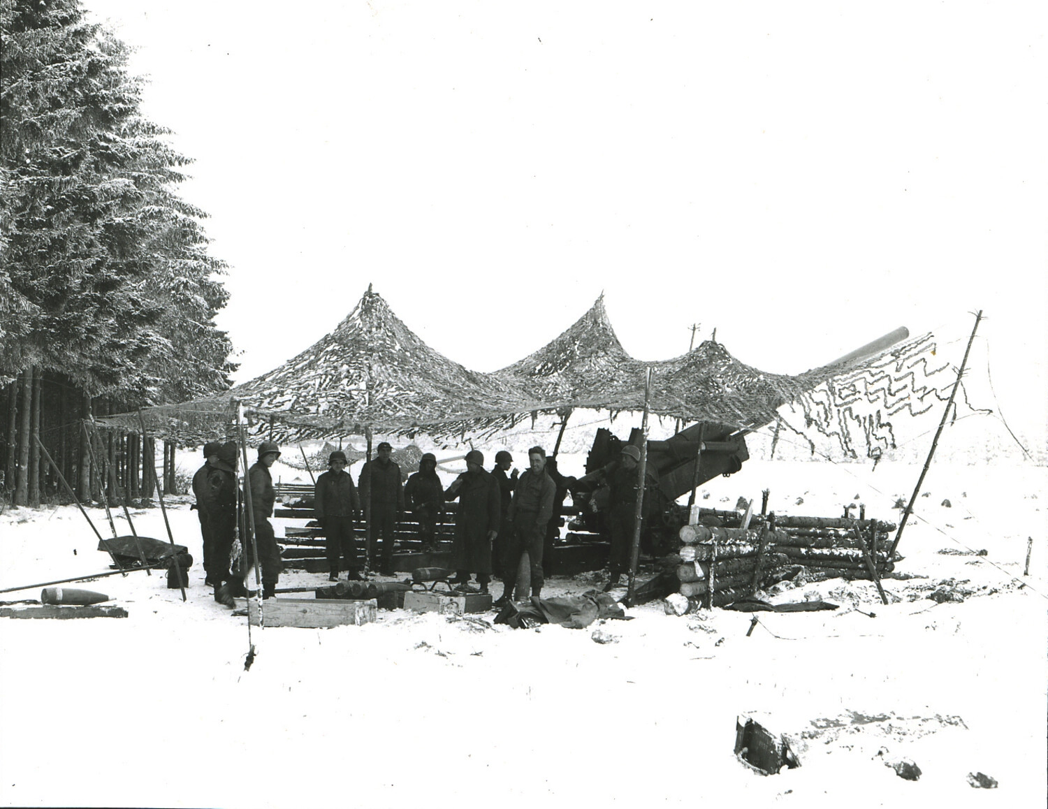 155mm Howitzer Position Under Camouflage Netting, Bastogne Area, Winter 1944-1945