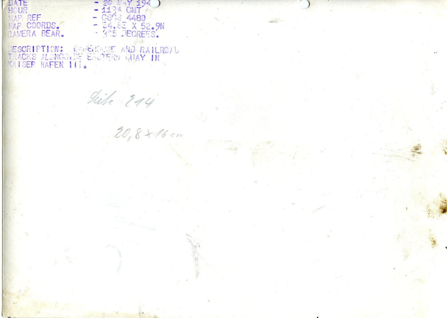 Verso of WWII Aerial Reconnaissance Photograph, Kaiserhafen III, Bremerhaven, Germany