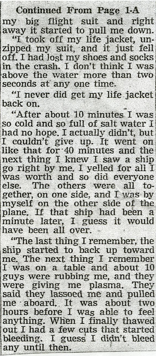 Newspaper Clipping: Survivor's Account of Sea Rescue After Aircraft Ditching