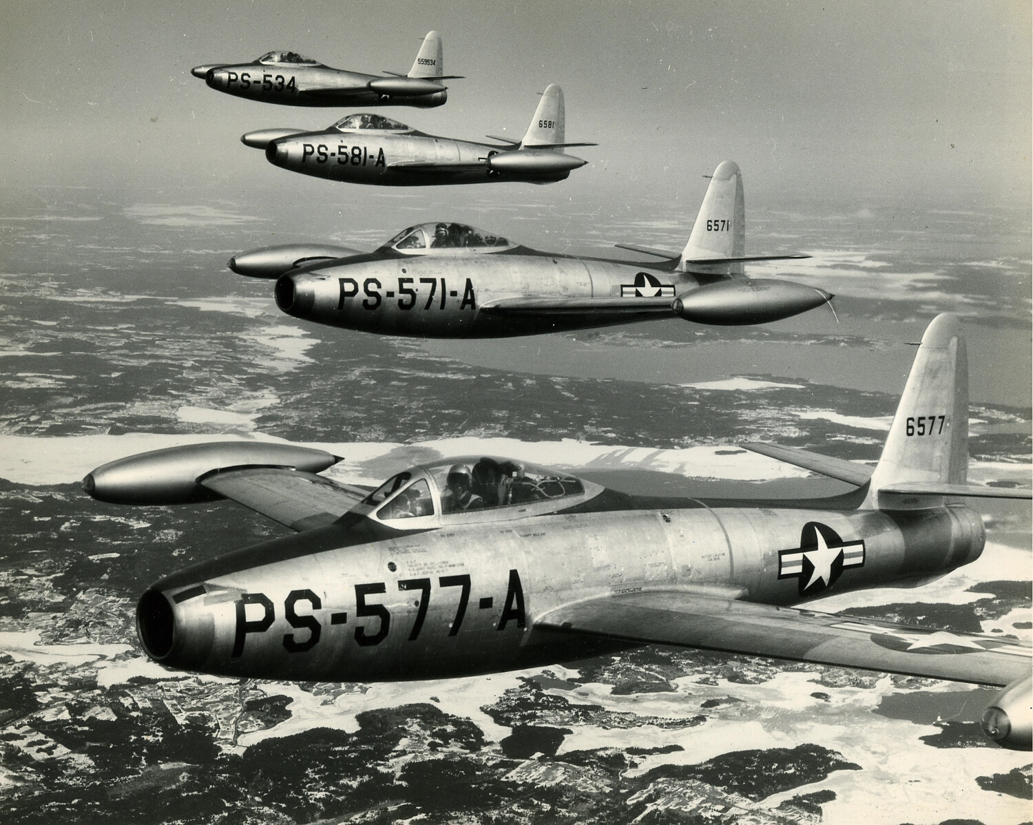 Four Lockheed T-33A Shooting Star Jet Trainers in Echelon Formation, USAF, 1950s