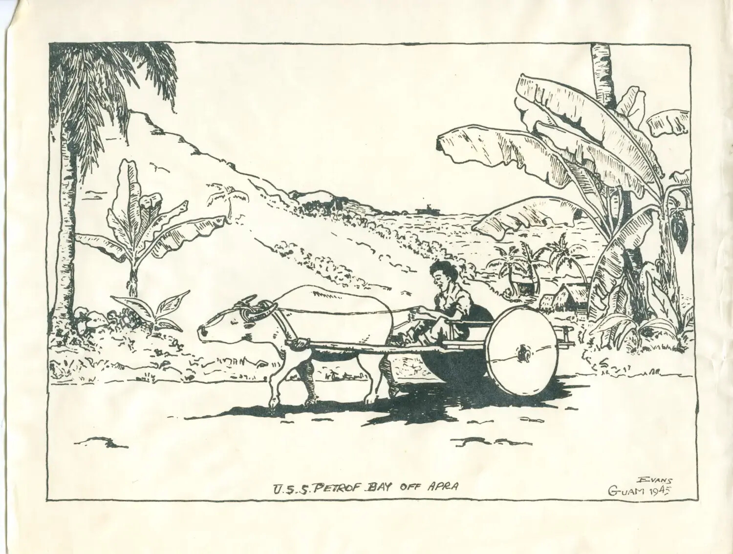 'U.S.S. Petrof Bay off Apra' - Original Ink Illustration by Evans, Guam 1945