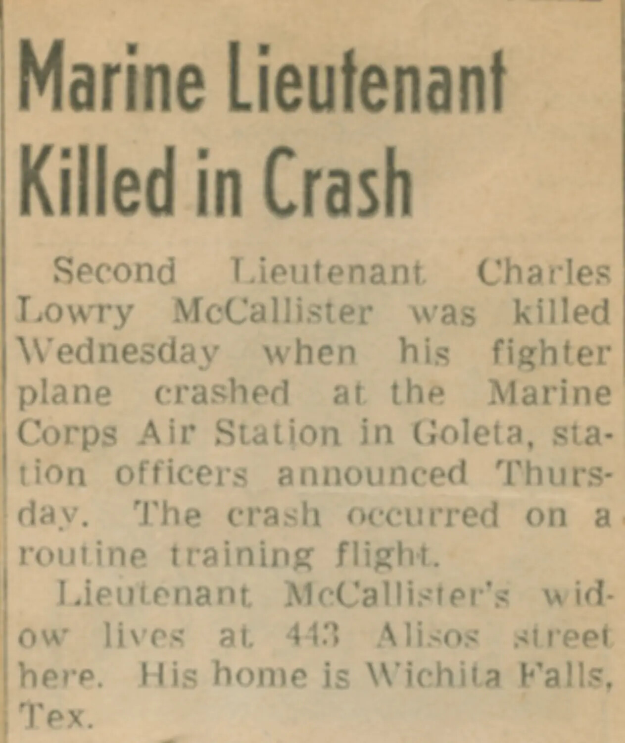 Newspaper Clipping: "Marine Lieutenant Killed in Crash" — 2nd Lt. Charles Lowry McCallister