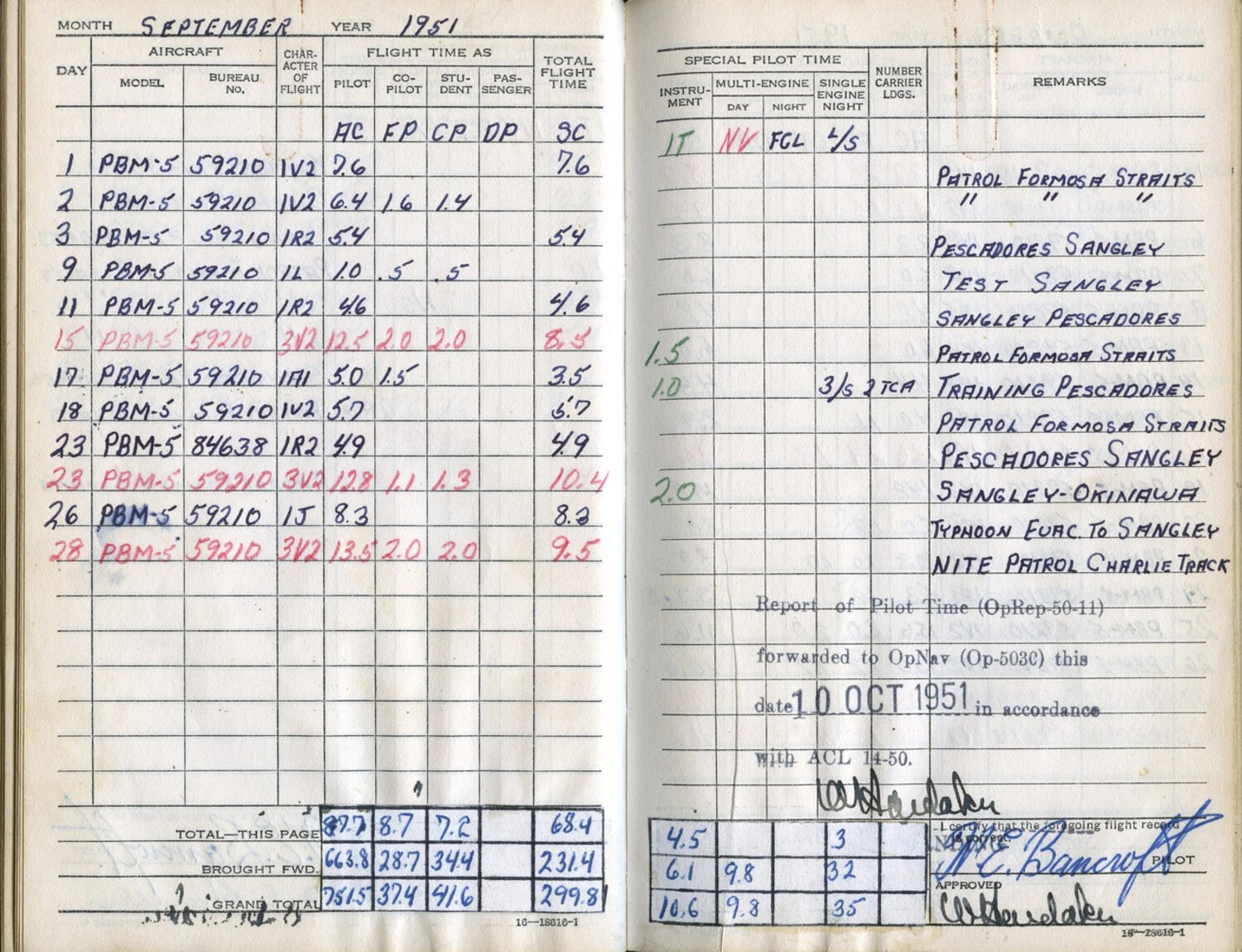 Lt. Bancroft's U.S. Navy Flight Logbook, September 1951 — PBM-5 Mariner Patrol Operations