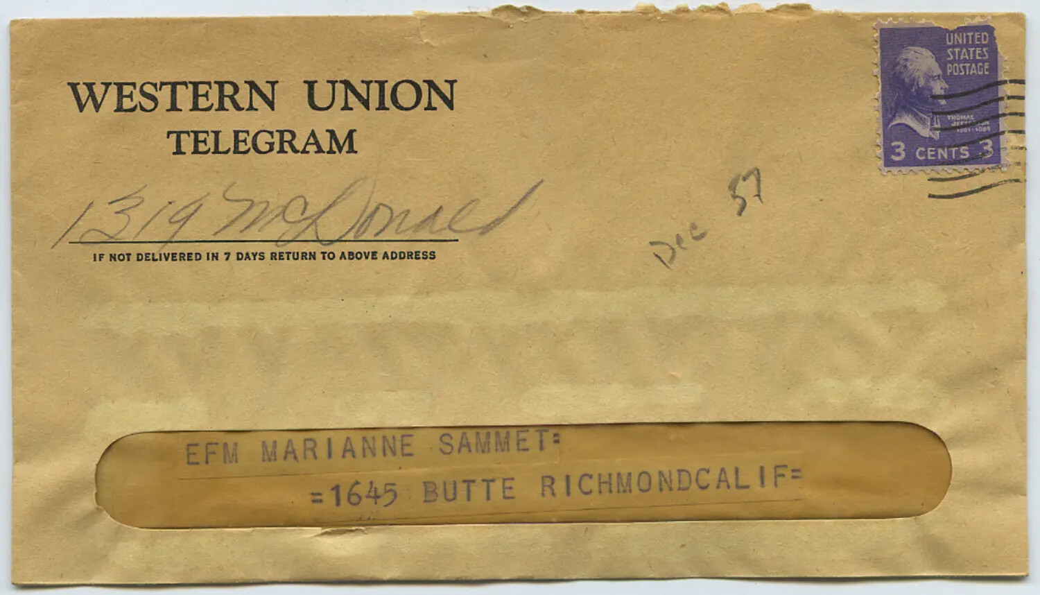Western Union Telegram Envelope Addressed to Marianne Sammet, Richmond, California -- Moon-Sammiet Collection