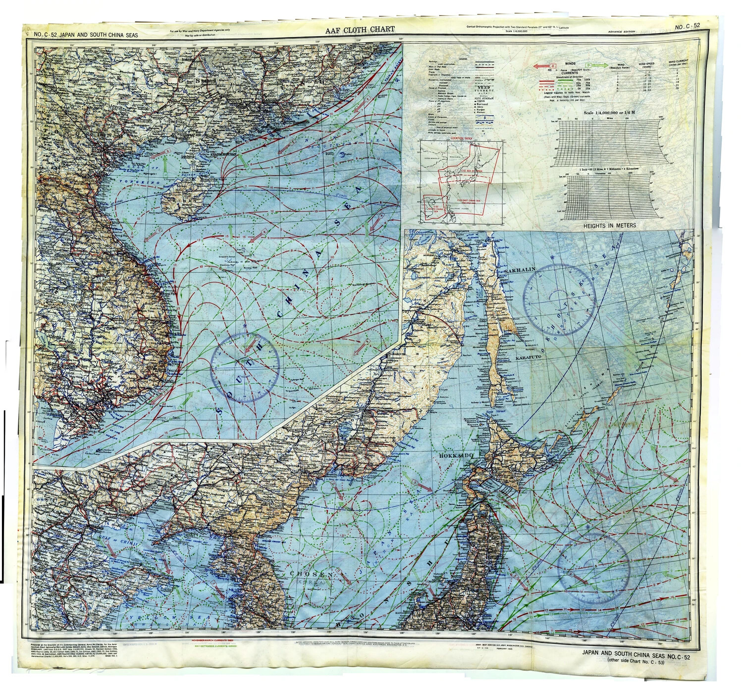 AAF Cloth Chart No. C-52: Japan and South China Seas, Advance Edition, February 1945