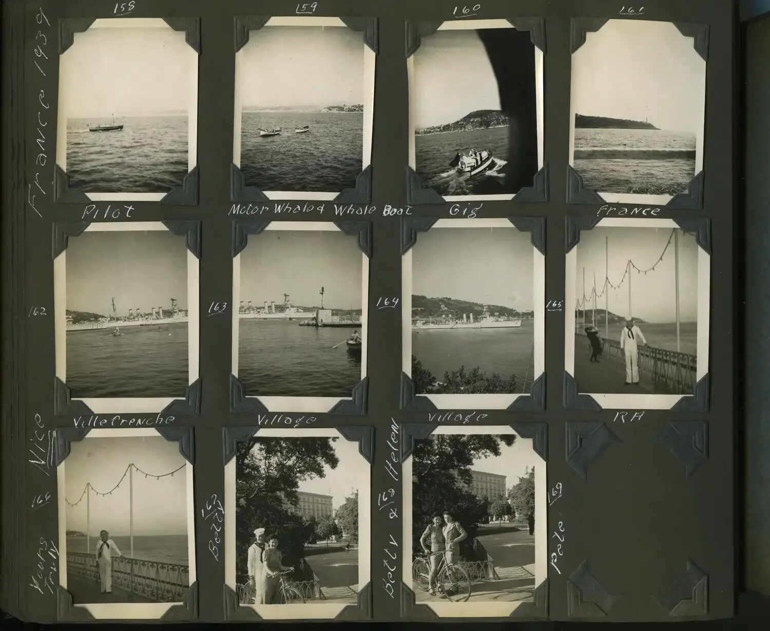 Photo Album Page, USS Trenton Scrapbook: Harbor Craft, the Cruiser at Villefranche, and Liberty Ashore in Nice, 1939, Photos 158-169