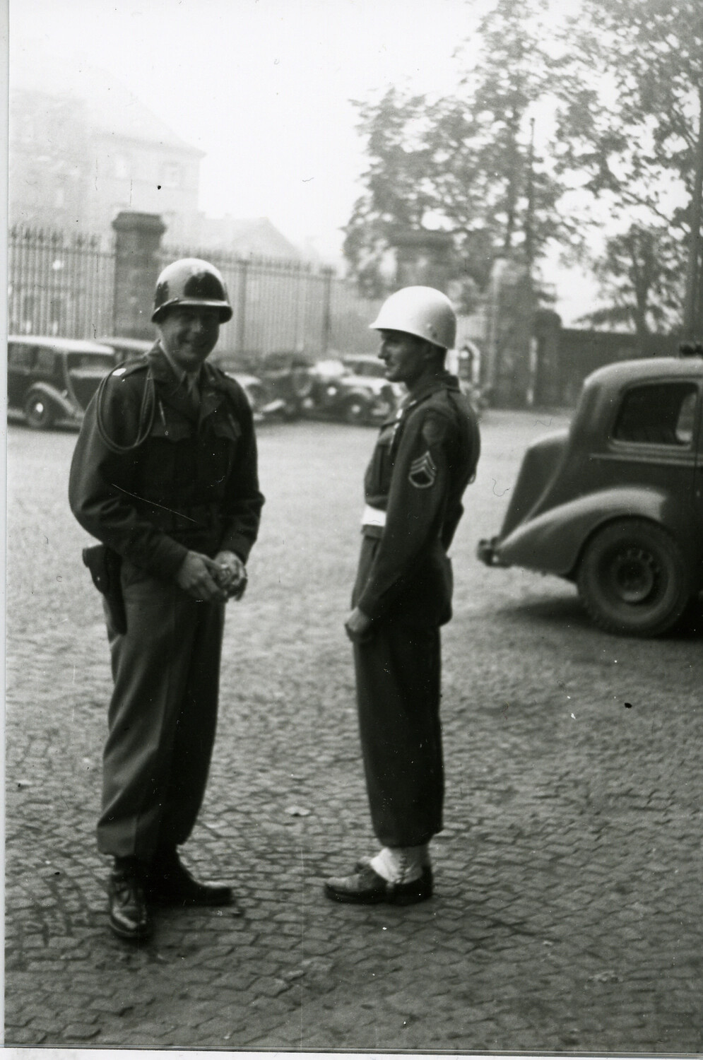 Two U.S. Army Soldiers Conversing on a Street, Nuremberg, Germany, WWII/Occupation Era