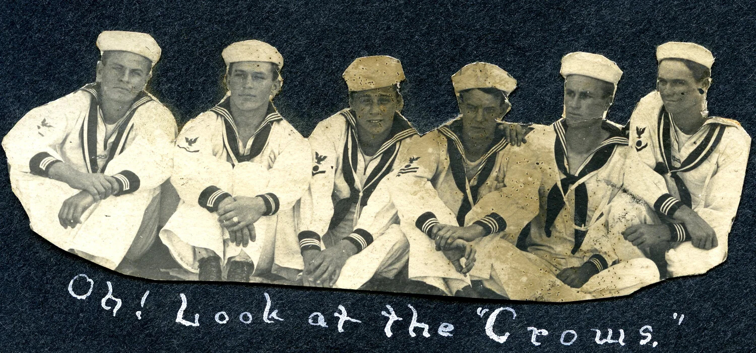 Group Portrait of Six U.S. Navy Enlisted Sailors in Undress Whites, 'Oh! Look at the Crows' - USS Columbia Album