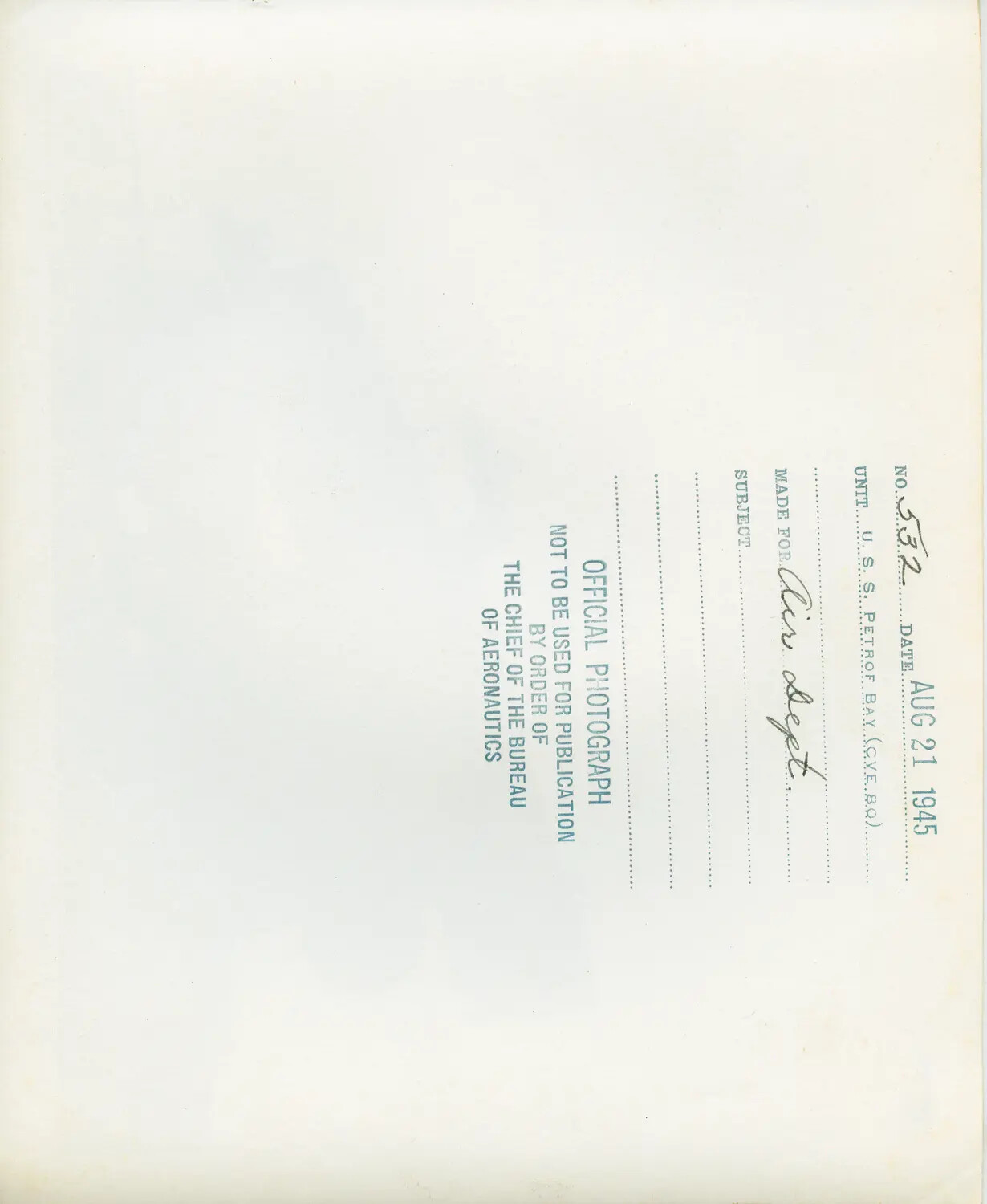 Verso/Reverse of Official U.S. Navy Photograph Print, USS Petrof Bay (CVE-80), Dated 21 August 1945