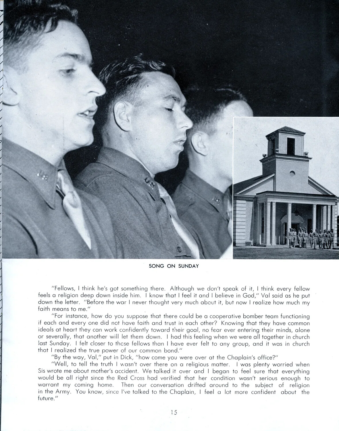 Pre-Flight Training Booklet, Page 15: 'Song on Sunday' — Chapel Service and Crew Faith Narrative