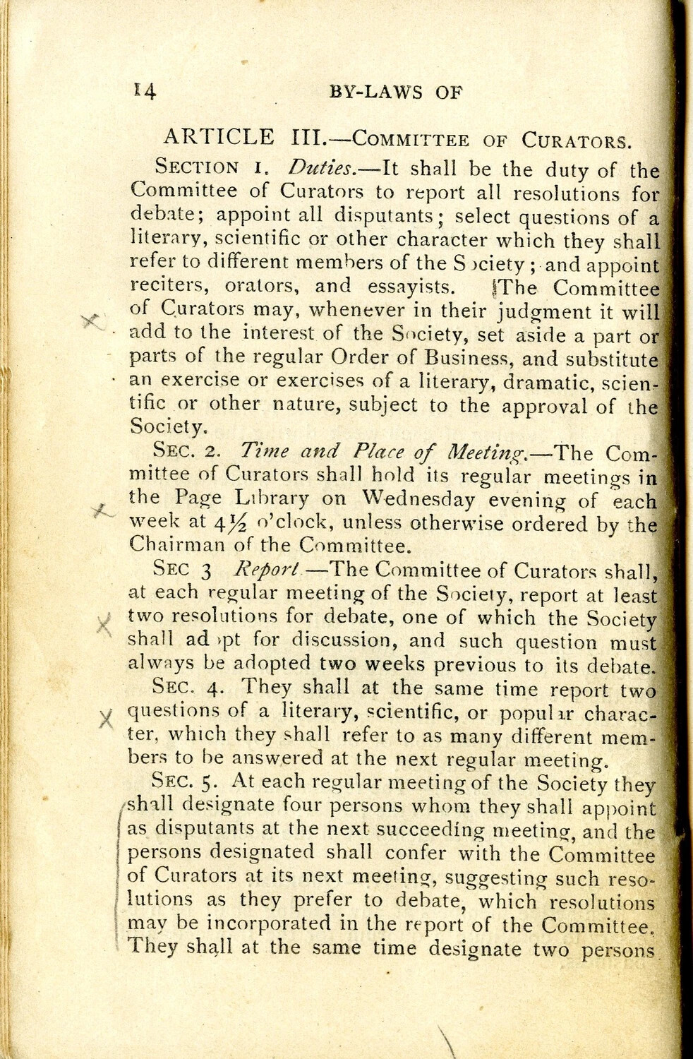 Page 14, "Article III -- Committee of Curators," By-Laws of a Literary Society Rule Book (Page Library), with Period Pencil Annotations