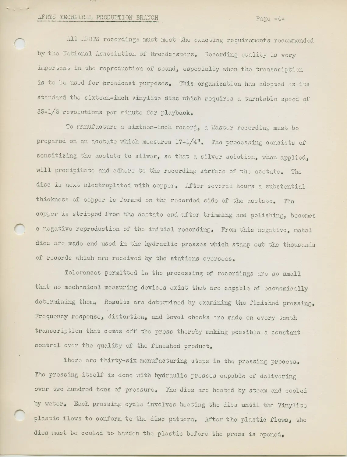 AFRTS Technical Production Branch Manual, Page 4: Manufacturing of Sixteen-Inch Vinylite Transcription Discs