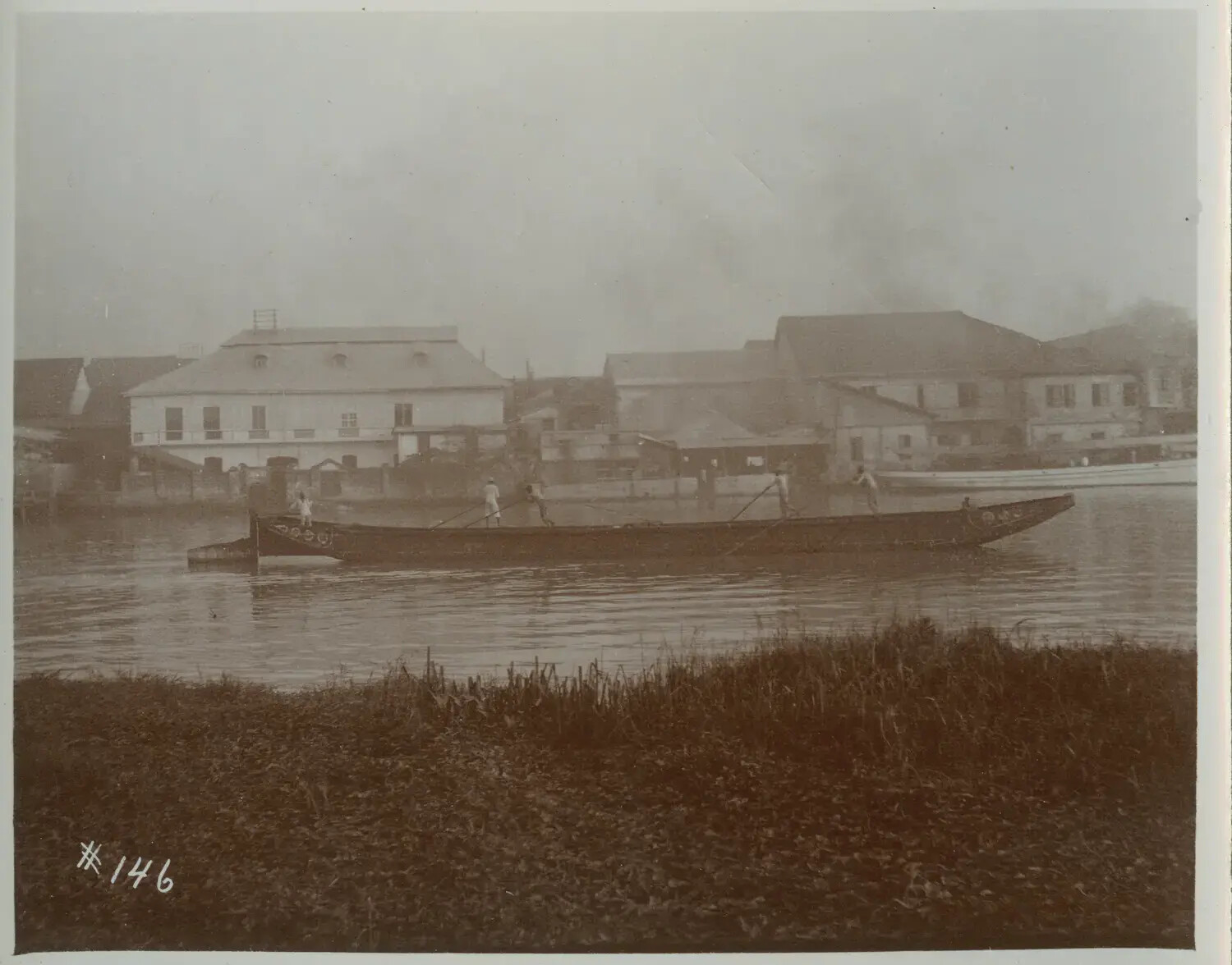 River Cargo Boat and Waterfront Warehouses, Manila Area, Philippines, c. 1890s