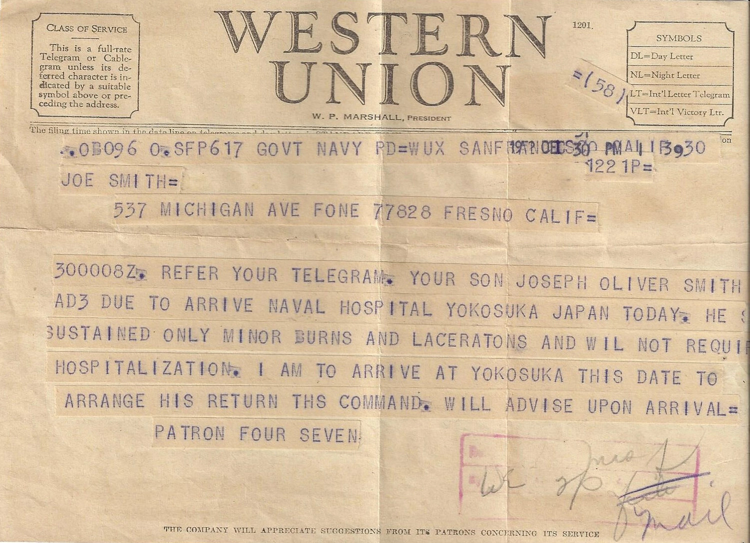 Western Union Telegram: Status Report on AD3 Joseph Oliver Smith, U.S. Navy, Korean War Era